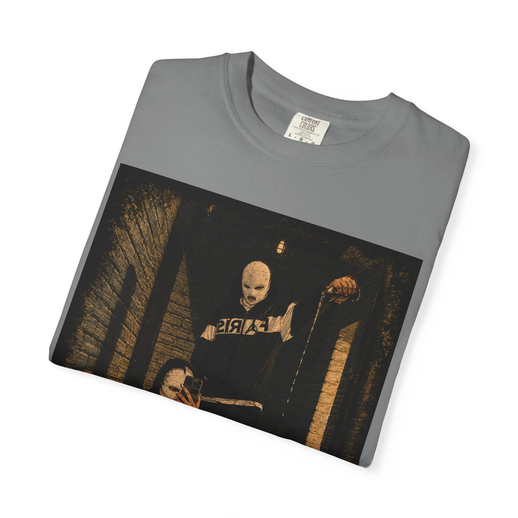 Horror Movie Scene Graphic T-Shirt — Vintage Masked Killer Photo Tee