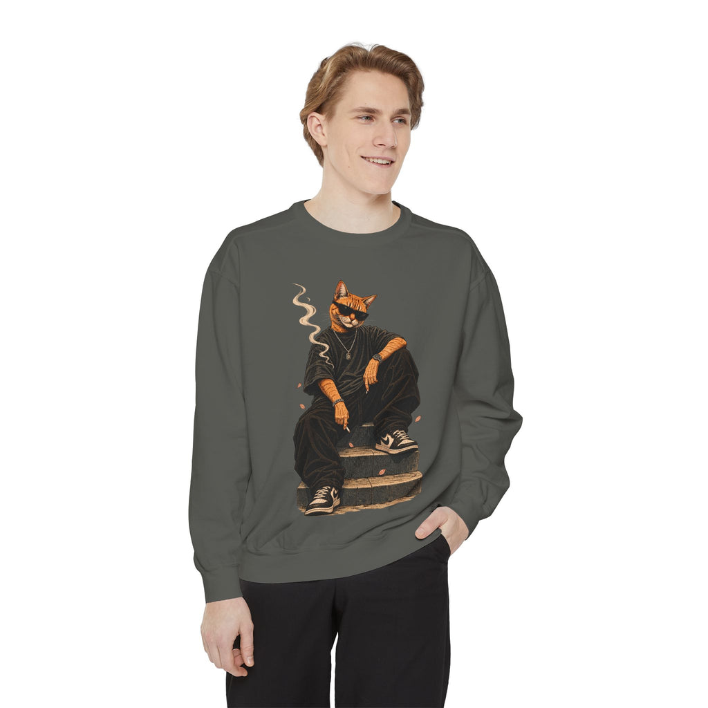 Cat Gangster Sweatshirt — Retro Cool Cat Sitting, Smoky Streetwear Crewneck