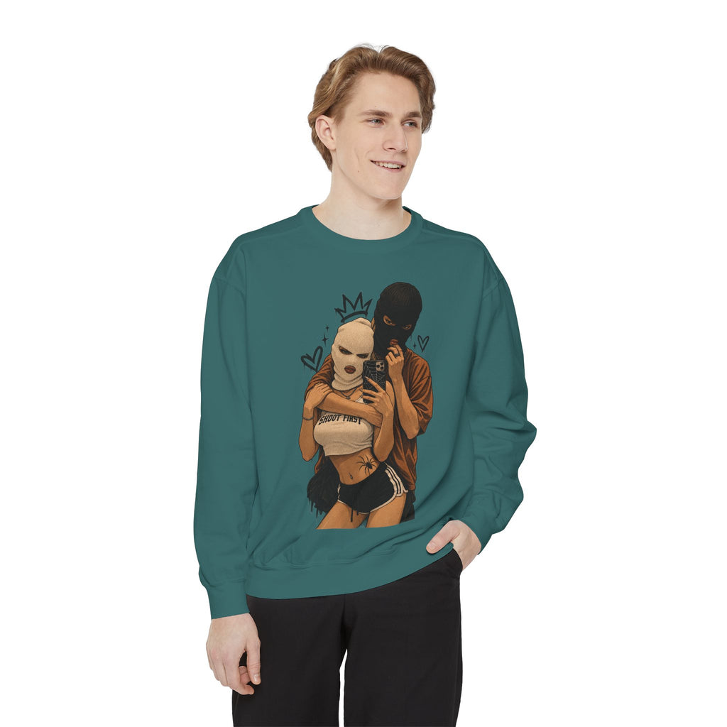 Couple Selfie Graphic Sweatshirt — Masked Lovers Illustration