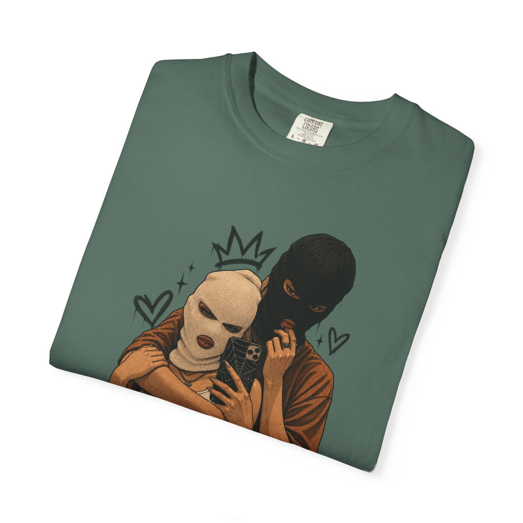 Masked Couple Graphic T-Shirt — Urban Streetwear Tee with Crown & Hearts Design