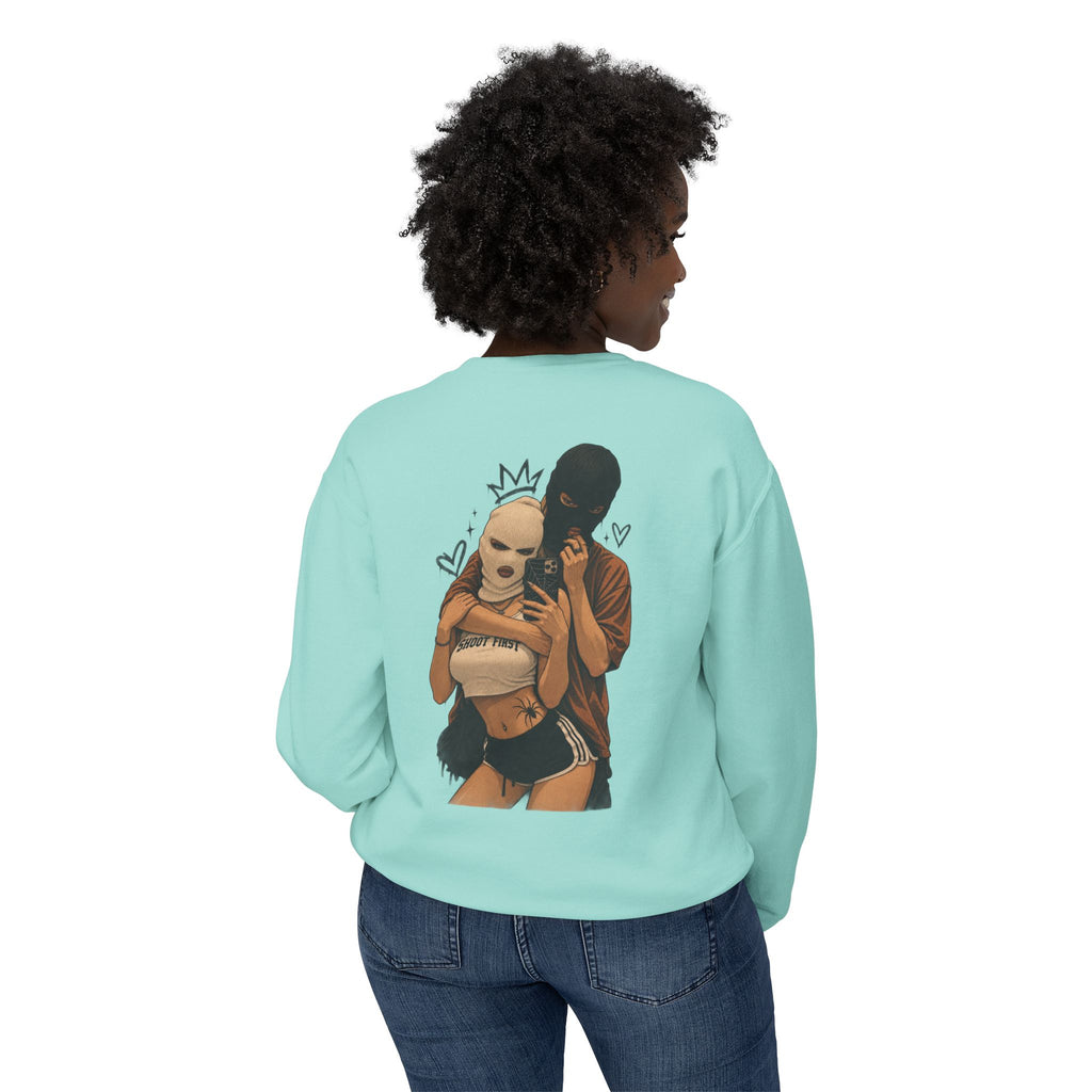 Couple Masked Lovers Crewneck Sweatshirt — Romantic Urban Graphic Pullover