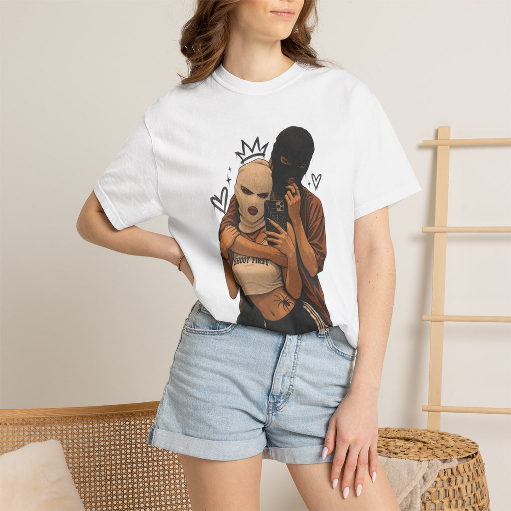 Masked Couple Graphic T-Shirt — Urban Streetwear Tee with Crown & Hearts Design