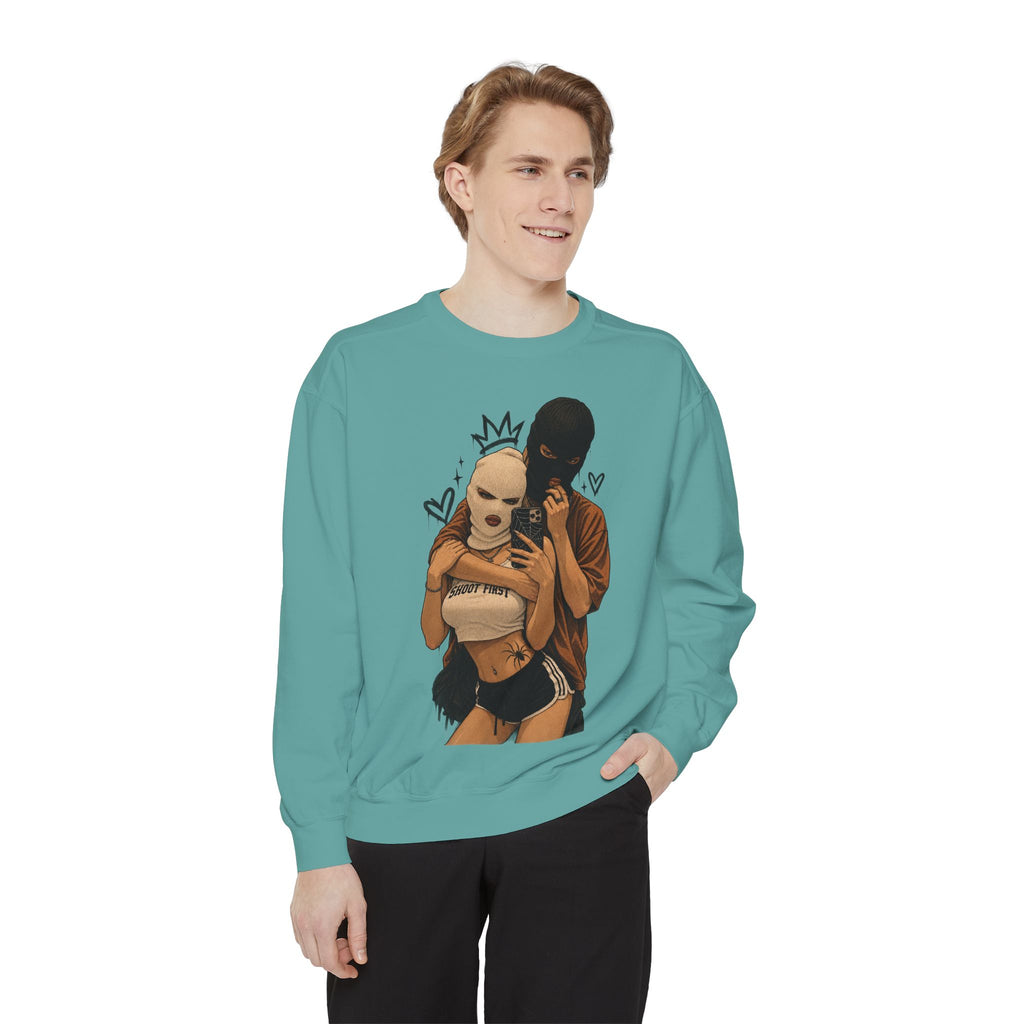 Couple Selfie Graphic Sweatshirt — Masked Lovers Illustration
