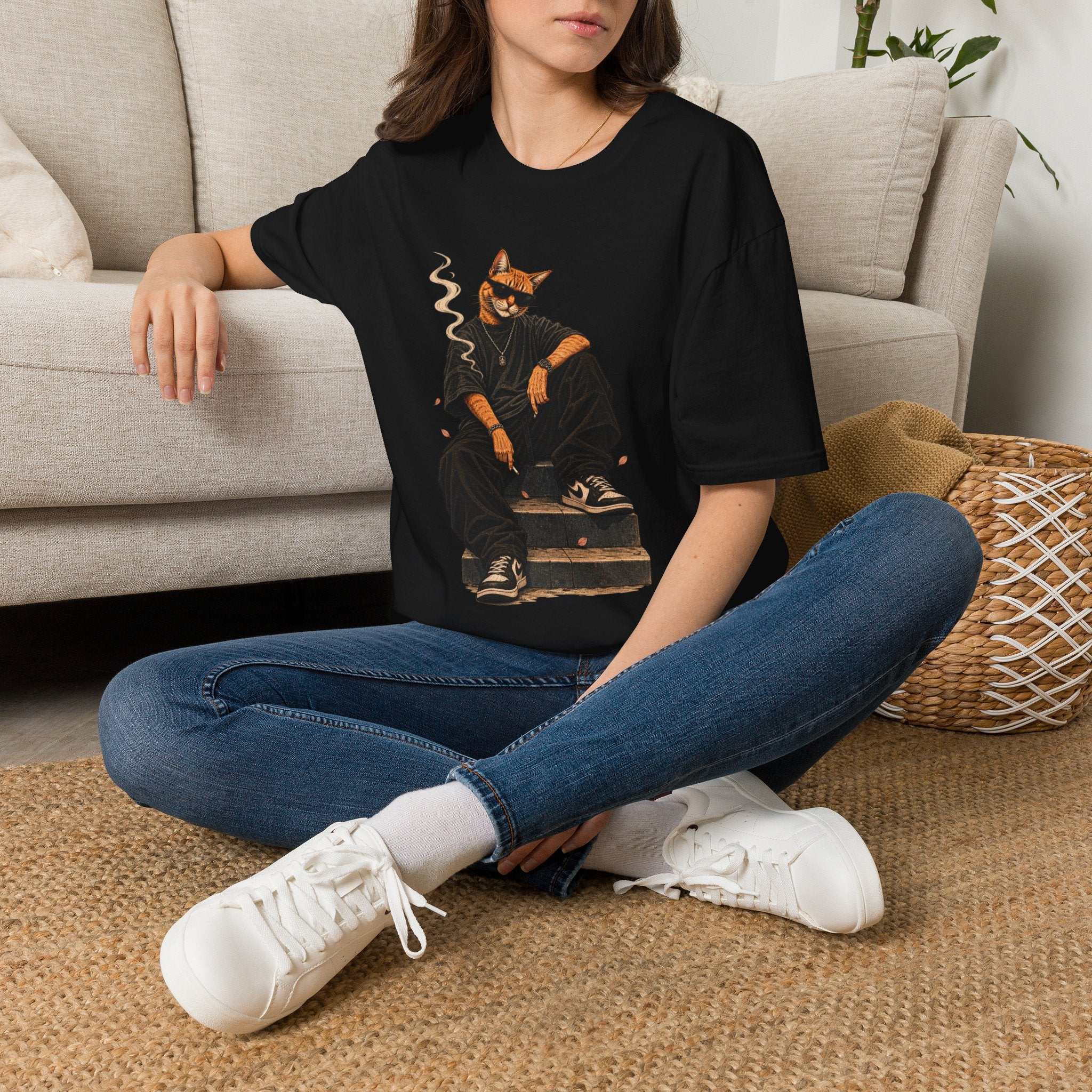 Cool Cat Skateboard T‑Shirt — Smoking Cat Graphic Tee for Skate Lovers