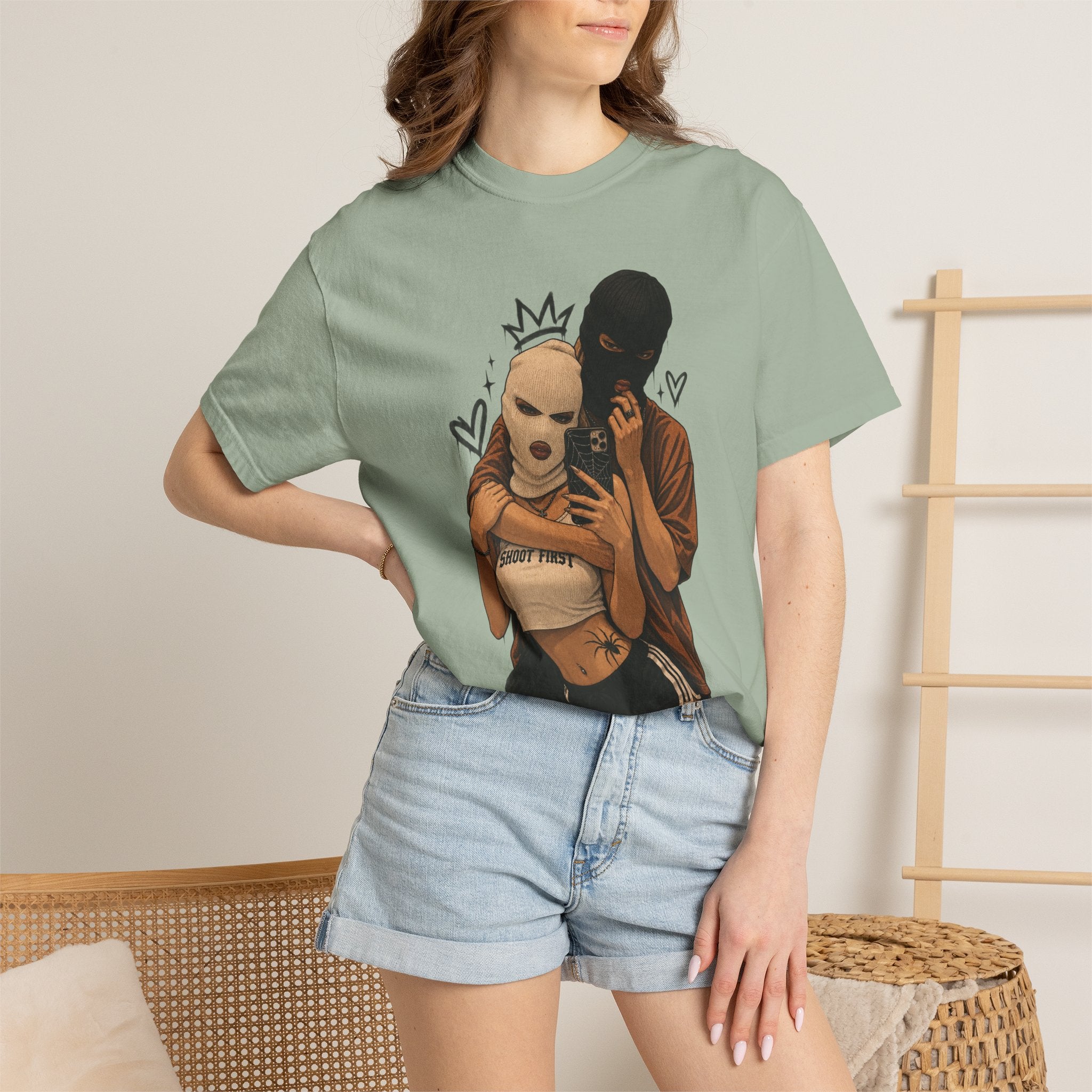 Masked Couple Graphic T-Shirt — Urban Streetwear Tee with Crown & Hearts Design
