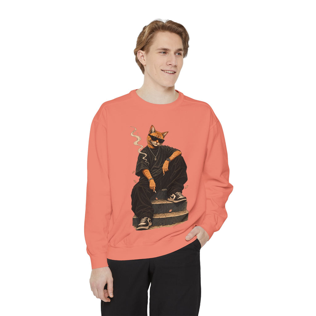 Cat Gangster Sweatshirt — Retro Cool Cat Sitting, Smoky Streetwear Crewneck