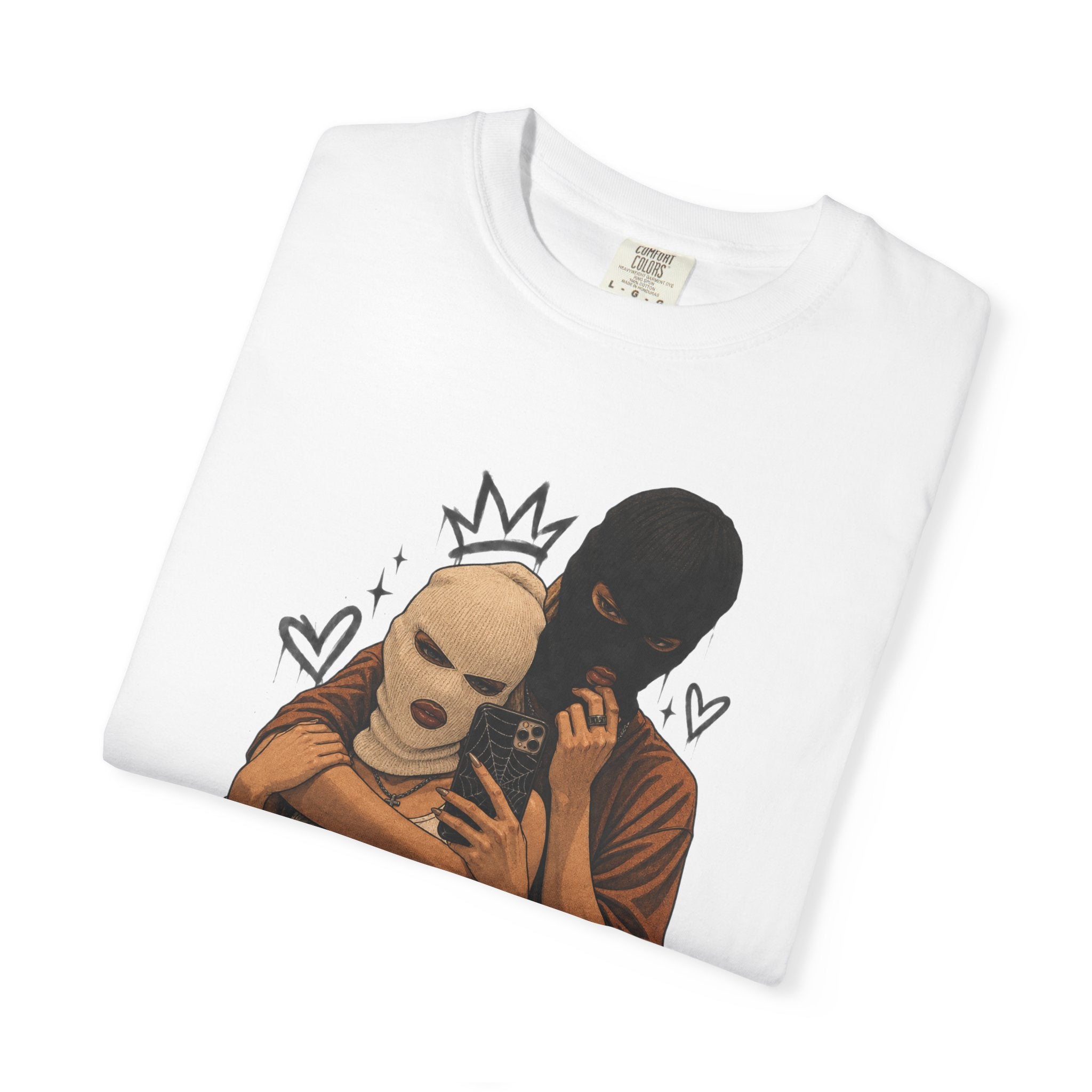 Masked Couple Graphic T-Shirt — Urban Streetwear Tee with Crown & Hearts Design