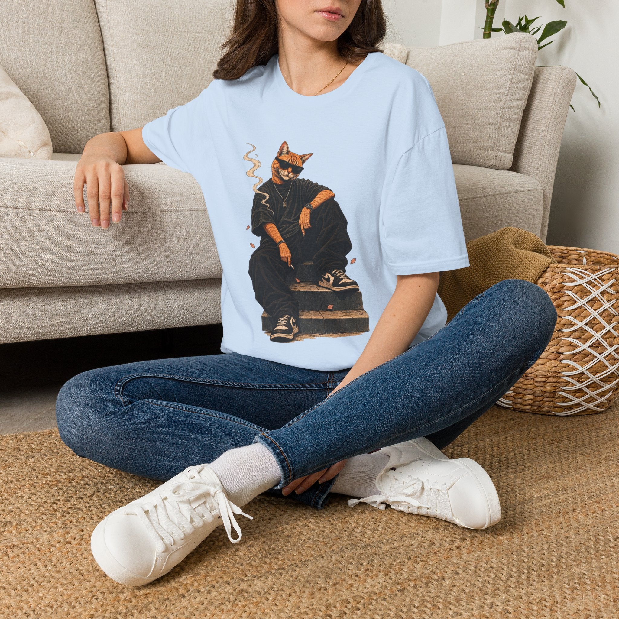 Cool Cat Skateboard T‑Shirt — Smoking Cat Graphic Tee for Skate Lovers