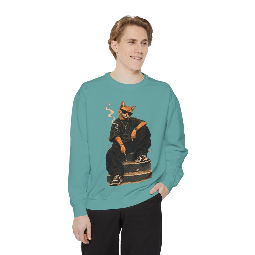 Cat Gangster Sweatshirt — Retro Cool Cat Sitting, Smoky Streetwear Crewneck