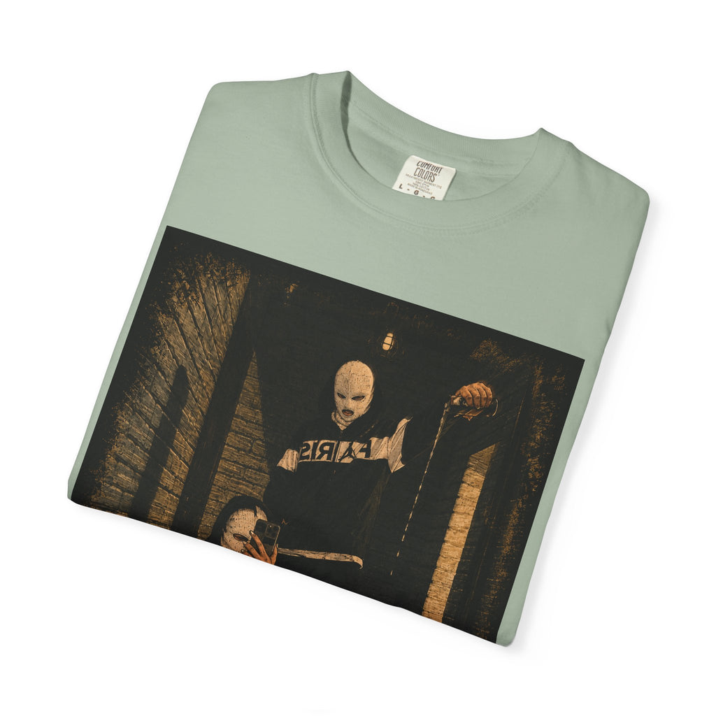 Horror Movie Scene Graphic T-Shirt — Vintage Masked Killer Photo Tee