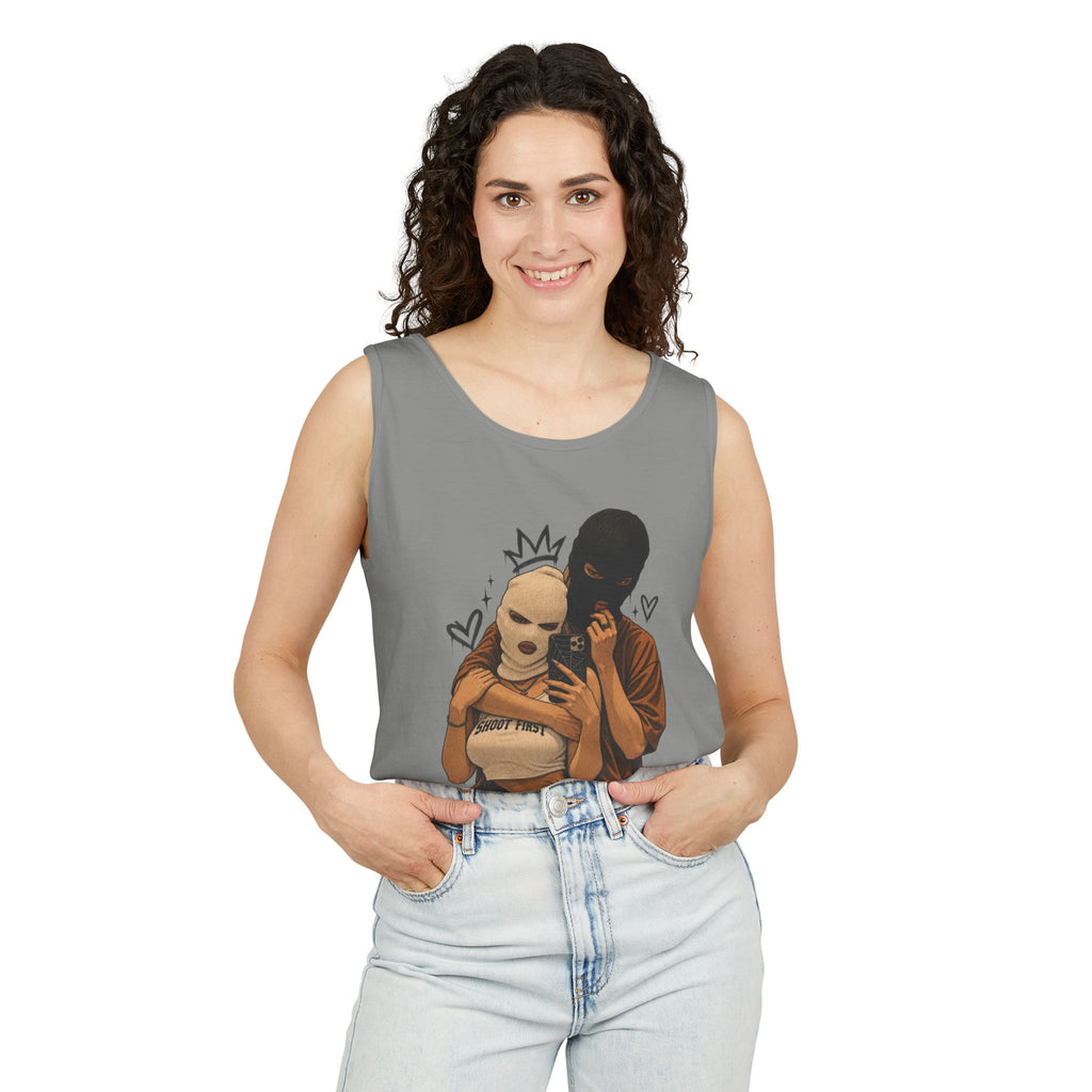 Masked Couple Graphic Tank Top — Edgy Streetwear Summer Tank