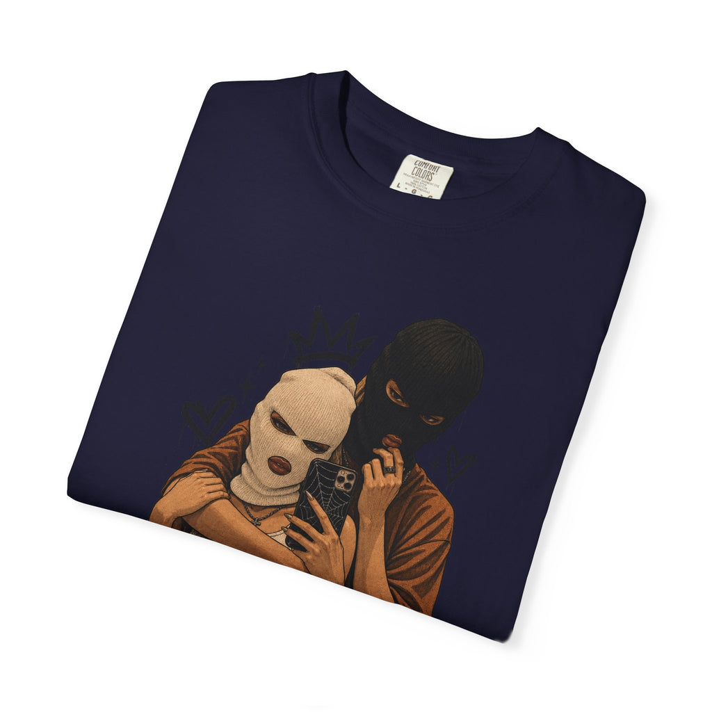 Masked Couple Graphic T-Shirt — Urban Streetwear Tee with Crown & Hearts Design