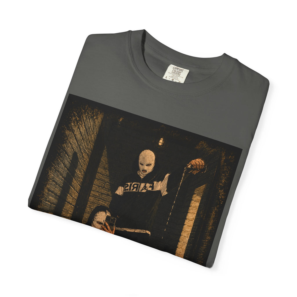 Horror Movie Scene Graphic T-Shirt — Vintage Masked Killer Photo Tee