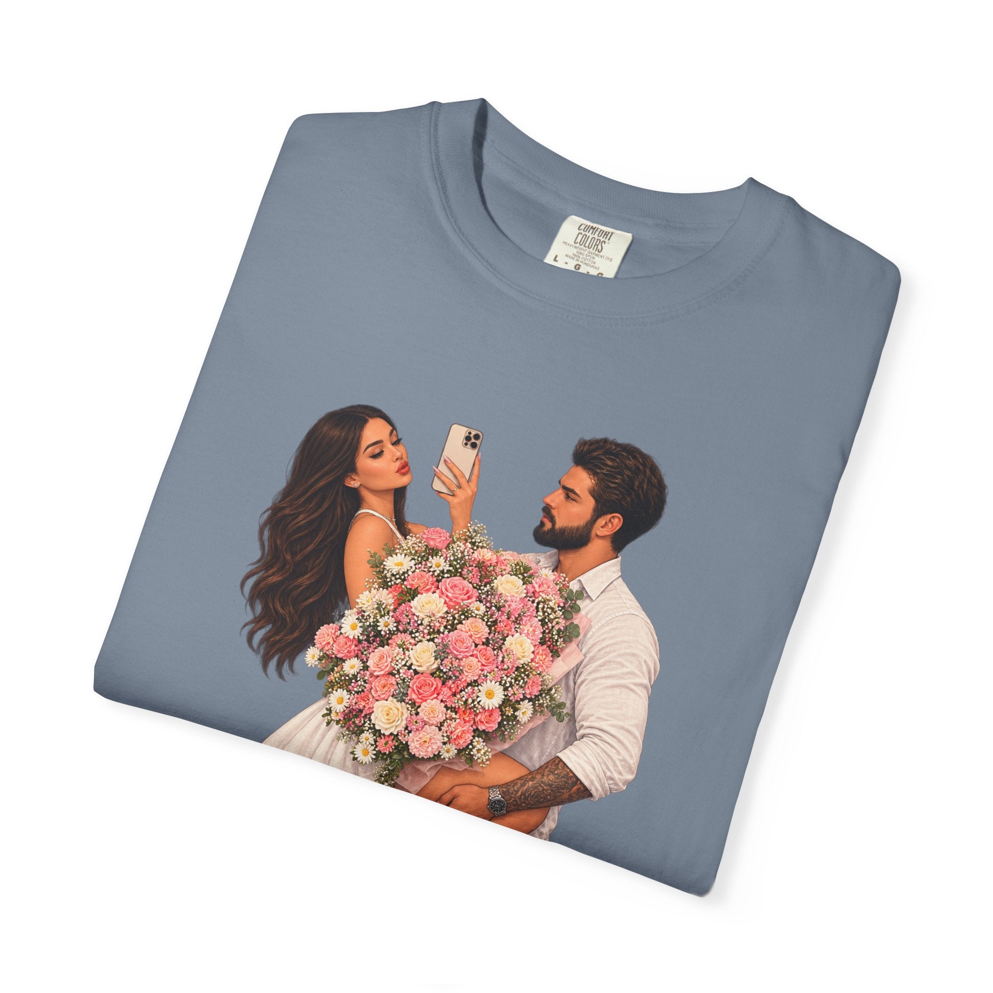 Couple Holding Bouquet Graphic T-Shirt — Romantic Date & Anniversary Tee