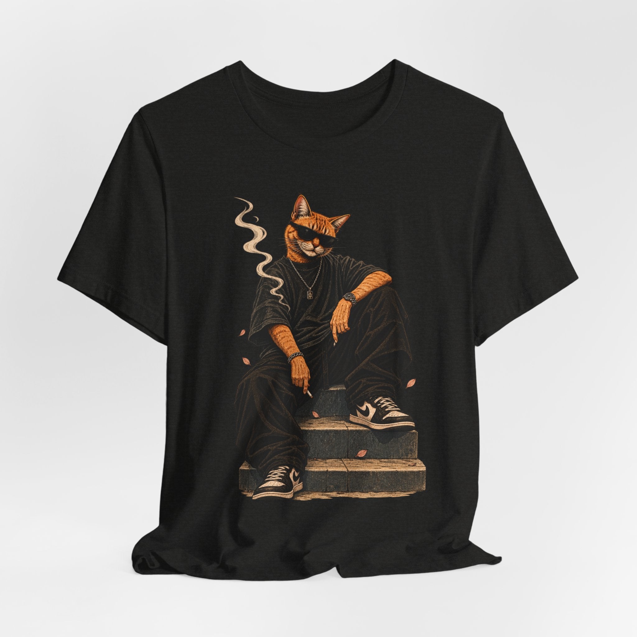 Cat King Streetwear T-Shirt — Cool Cat Sitting with Sunglasses & Smoke