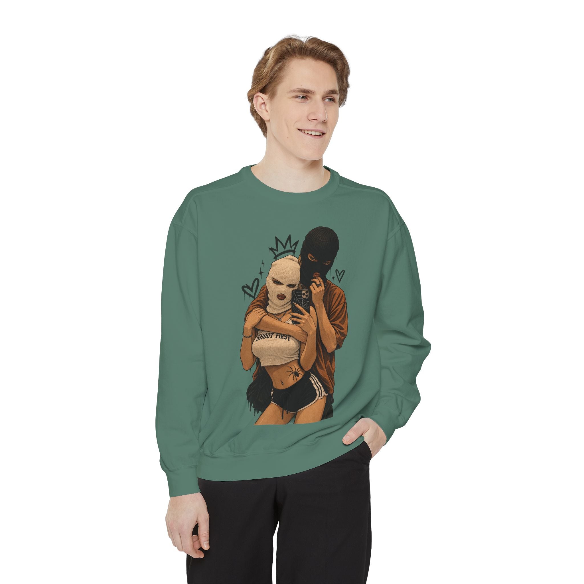 Couple Selfie Graphic Sweatshirt — Masked Lovers Illustration