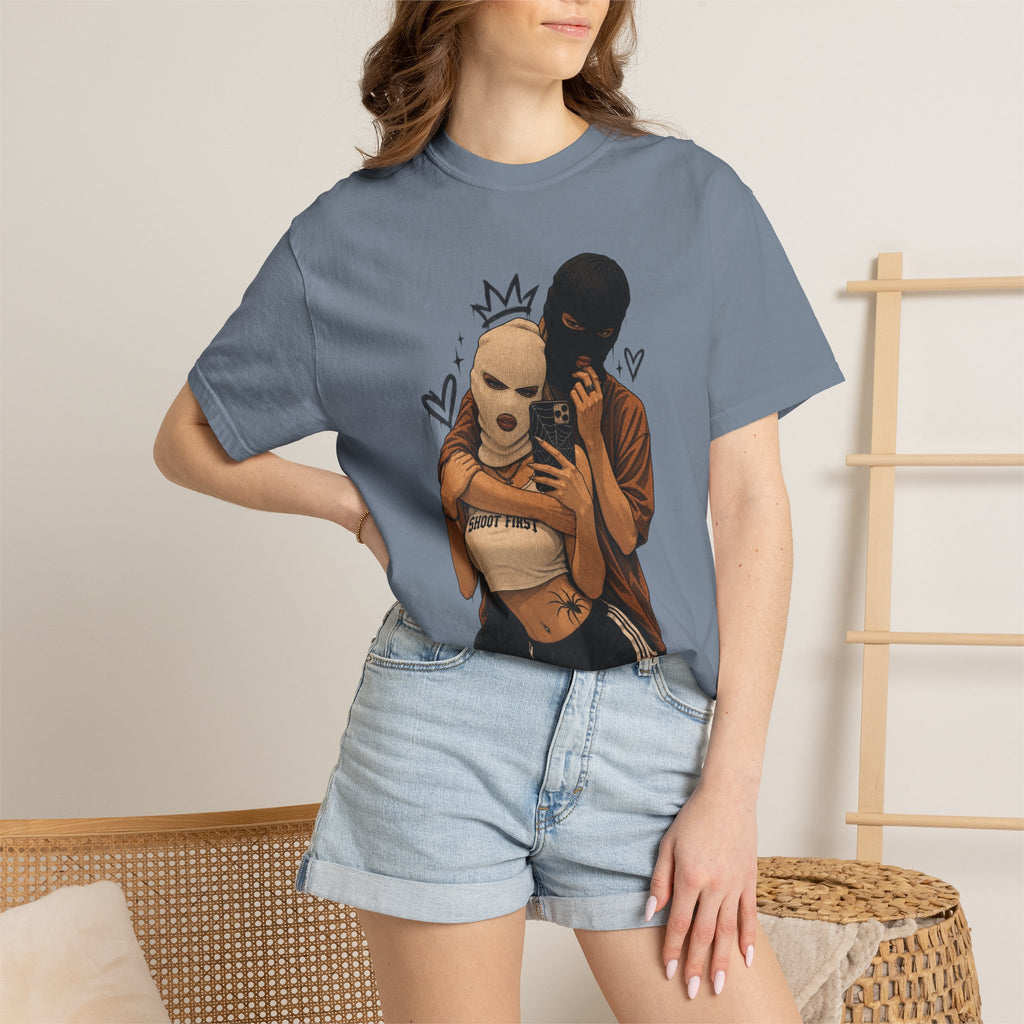 Masked Couple Graphic T-Shirt — Urban Streetwear Tee with Crown & Hearts Design