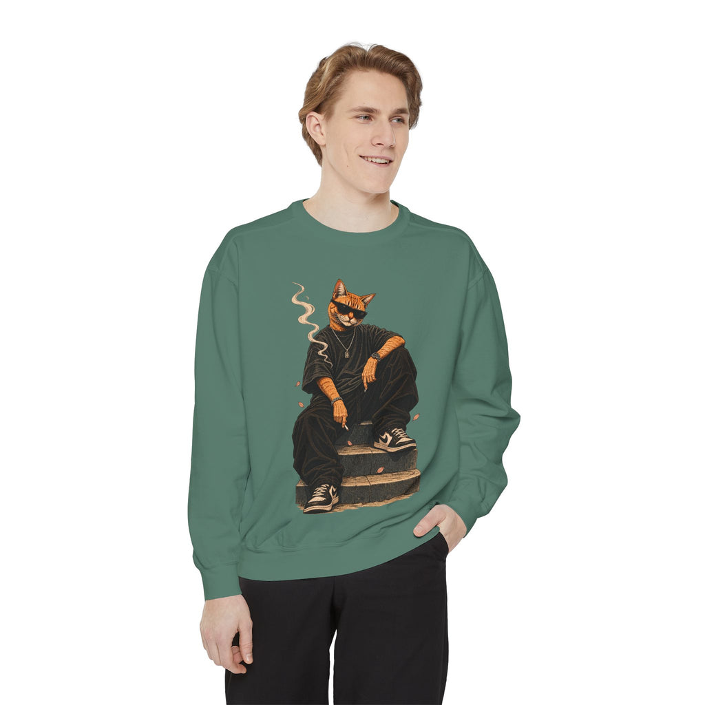 Cat Gangster Sweatshirt — Retro Cool Cat Sitting, Smoky Streetwear Crewneck