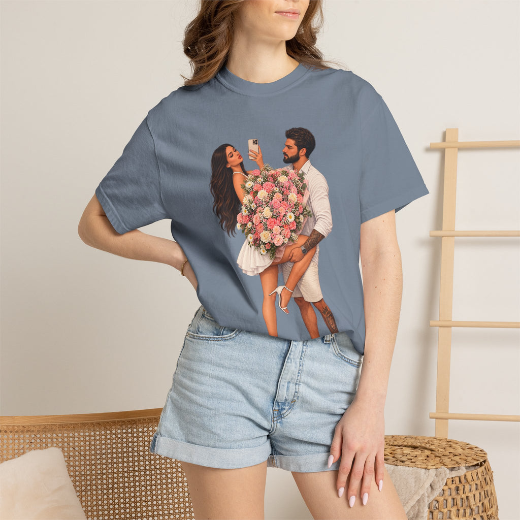 Couple Holding Bouquet Graphic T-Shirt — Romantic Date & Anniversary Tee