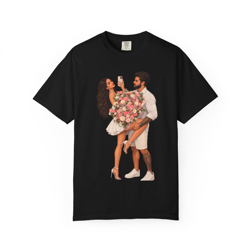 Couple Holding Bouquet Graphic T-Shirt — Romantic Date & Anniversary Tee