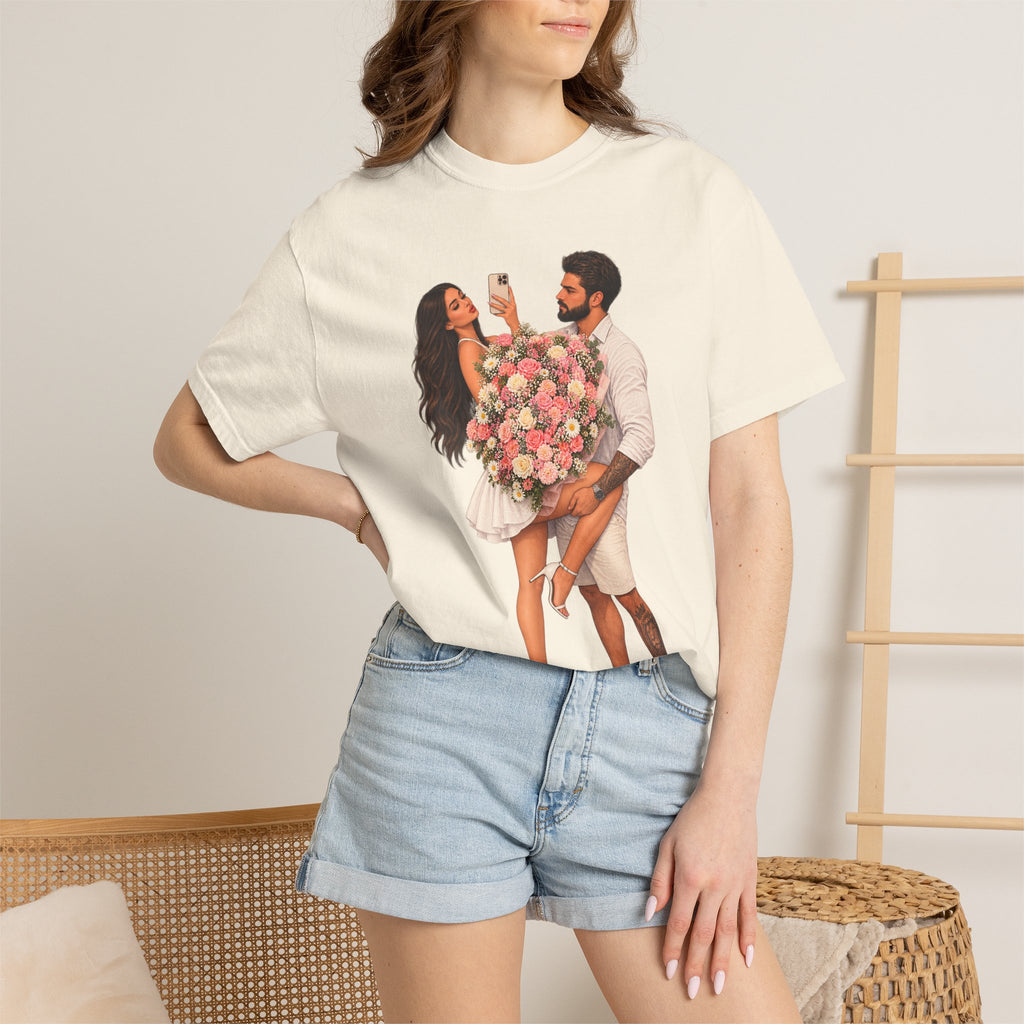 Couple Holding Bouquet Graphic T-Shirt — Romantic Date & Anniversary Tee