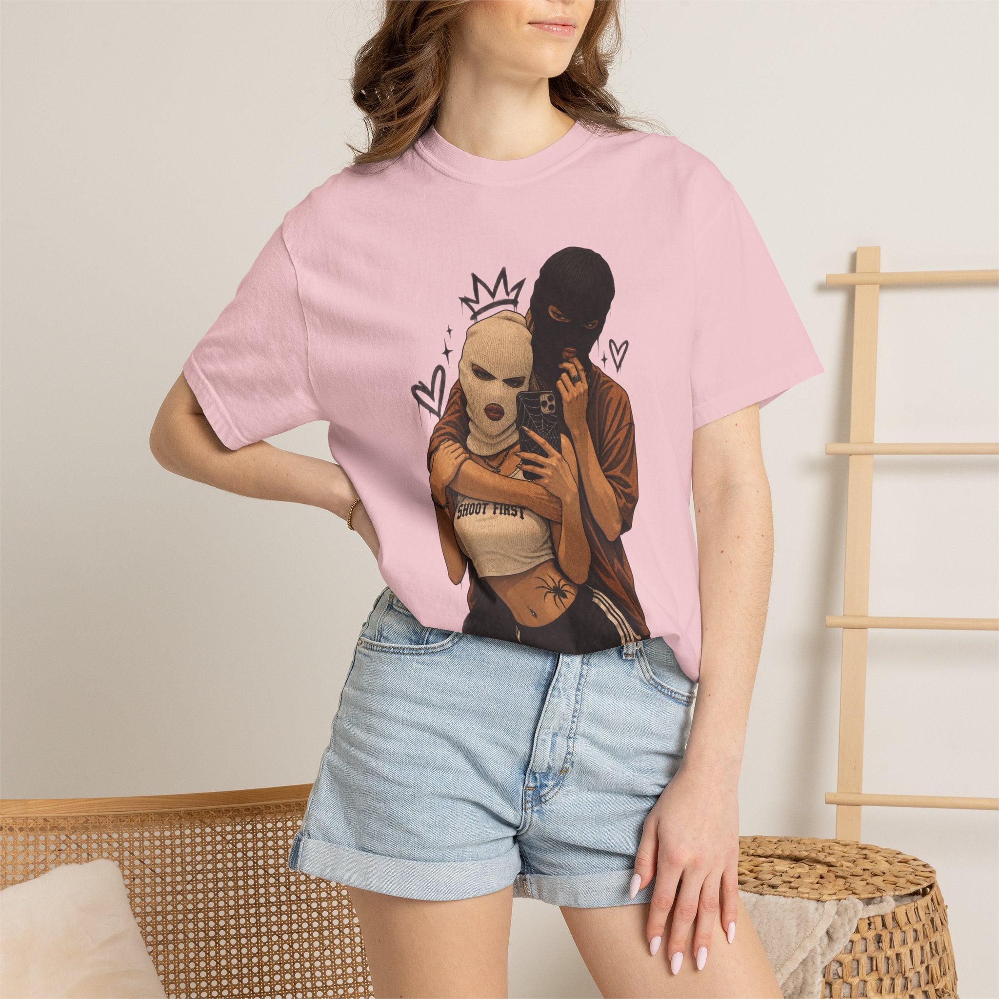 Masked Couple Graphic T-Shirt — Urban Streetwear Tee with Crown & Hearts Design