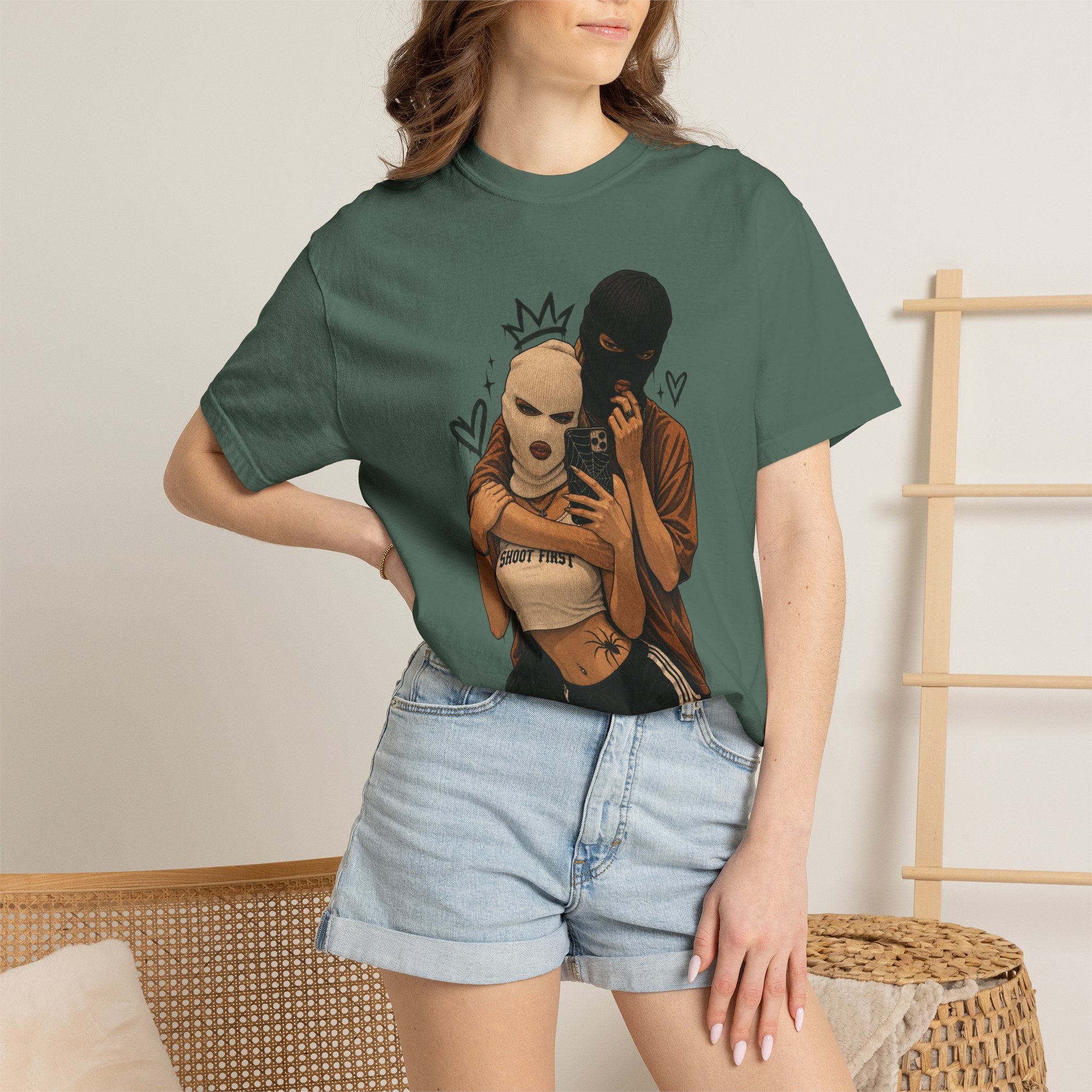 Masked Couple Graphic T-Shirt — Urban Streetwear Tee with Crown & Hearts Design