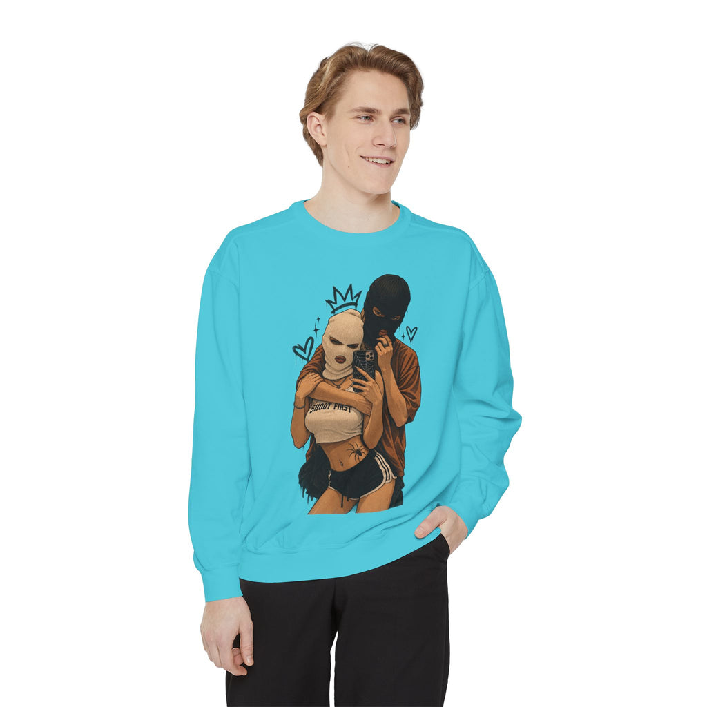 Couple Selfie Graphic Sweatshirt — Masked Lovers Illustration