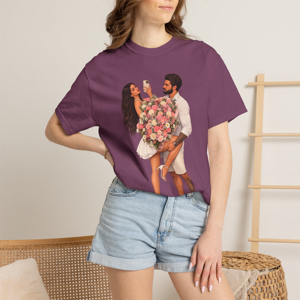 Couple Holding Bouquet Graphic T-Shirt — Romantic Date & Anniversary Tee