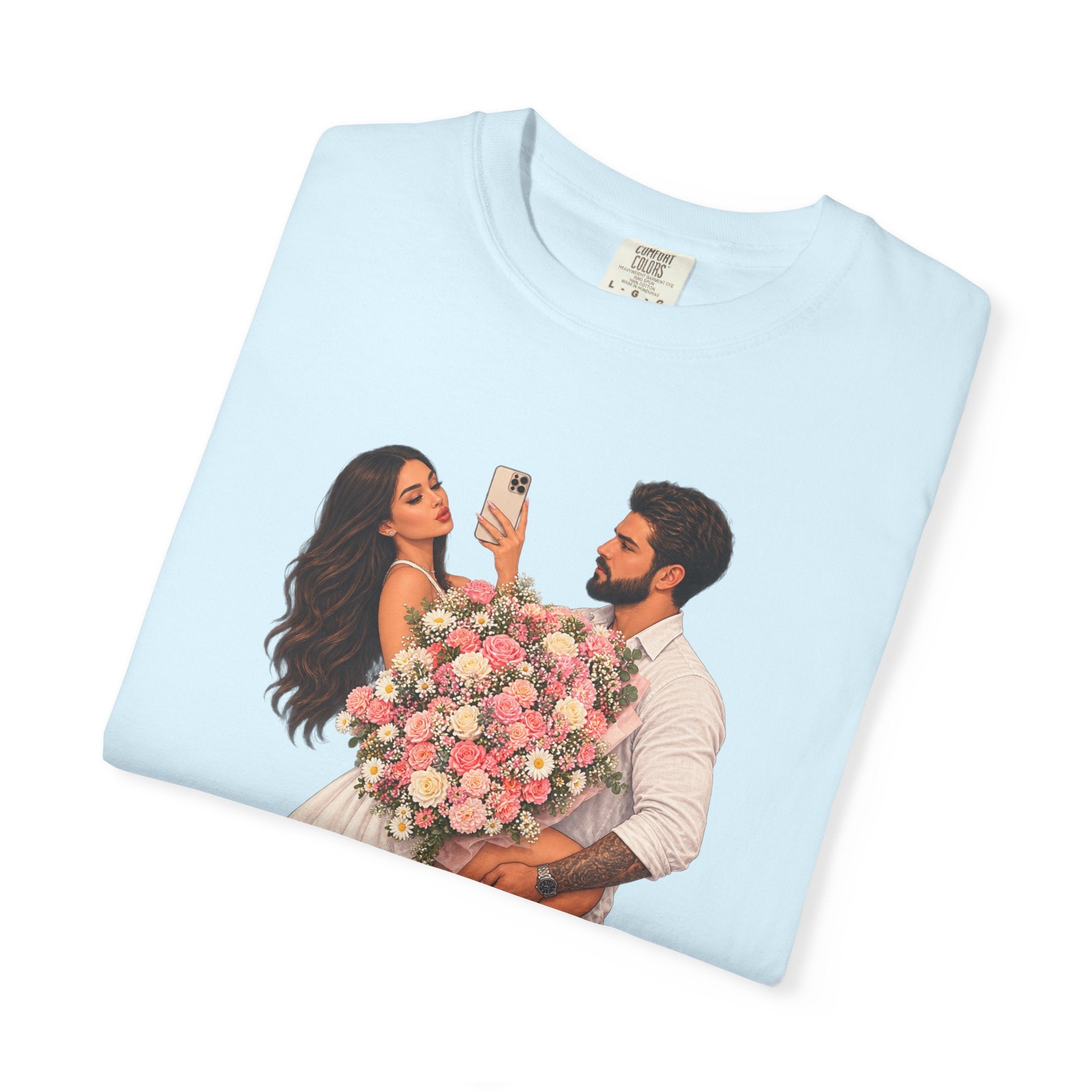 Couple Holding Bouquet Graphic T-Shirt — Romantic Date & Anniversary Tee