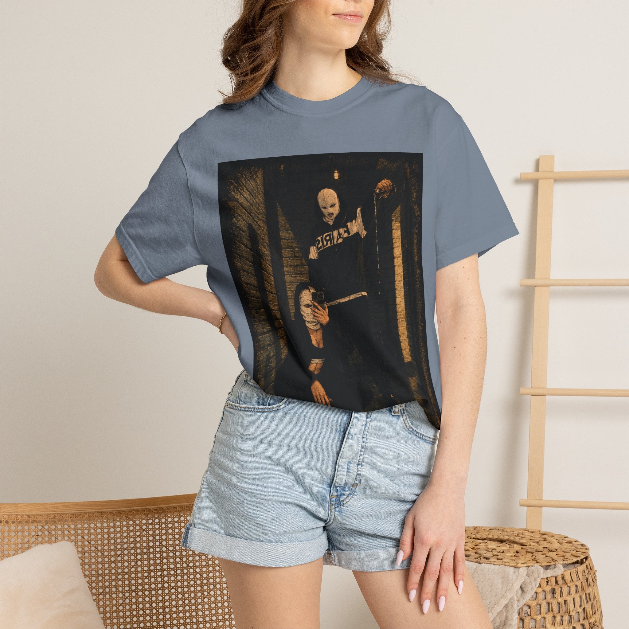 Horror Movie Scene Graphic T-Shirt — Vintage Masked Killer Photo Tee