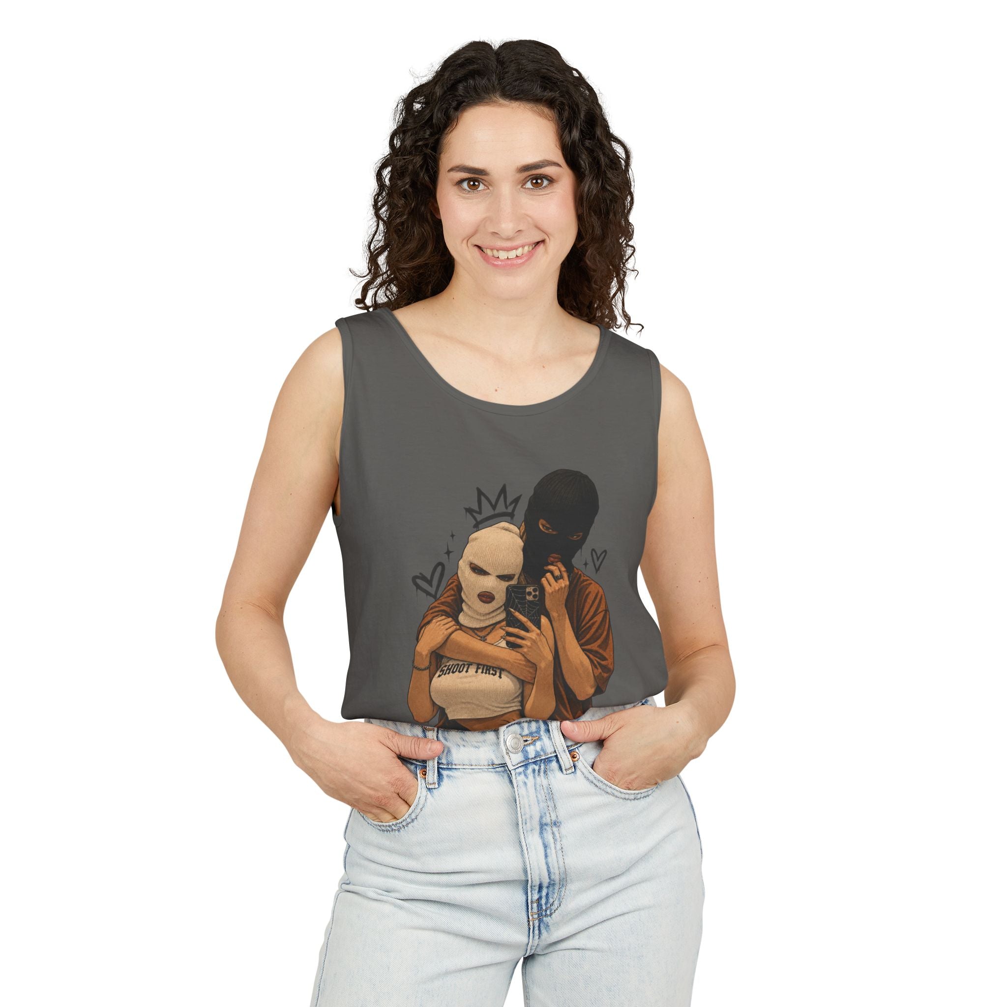 Masked Couple Graphic Tank Top — Edgy Streetwear Summer Tank