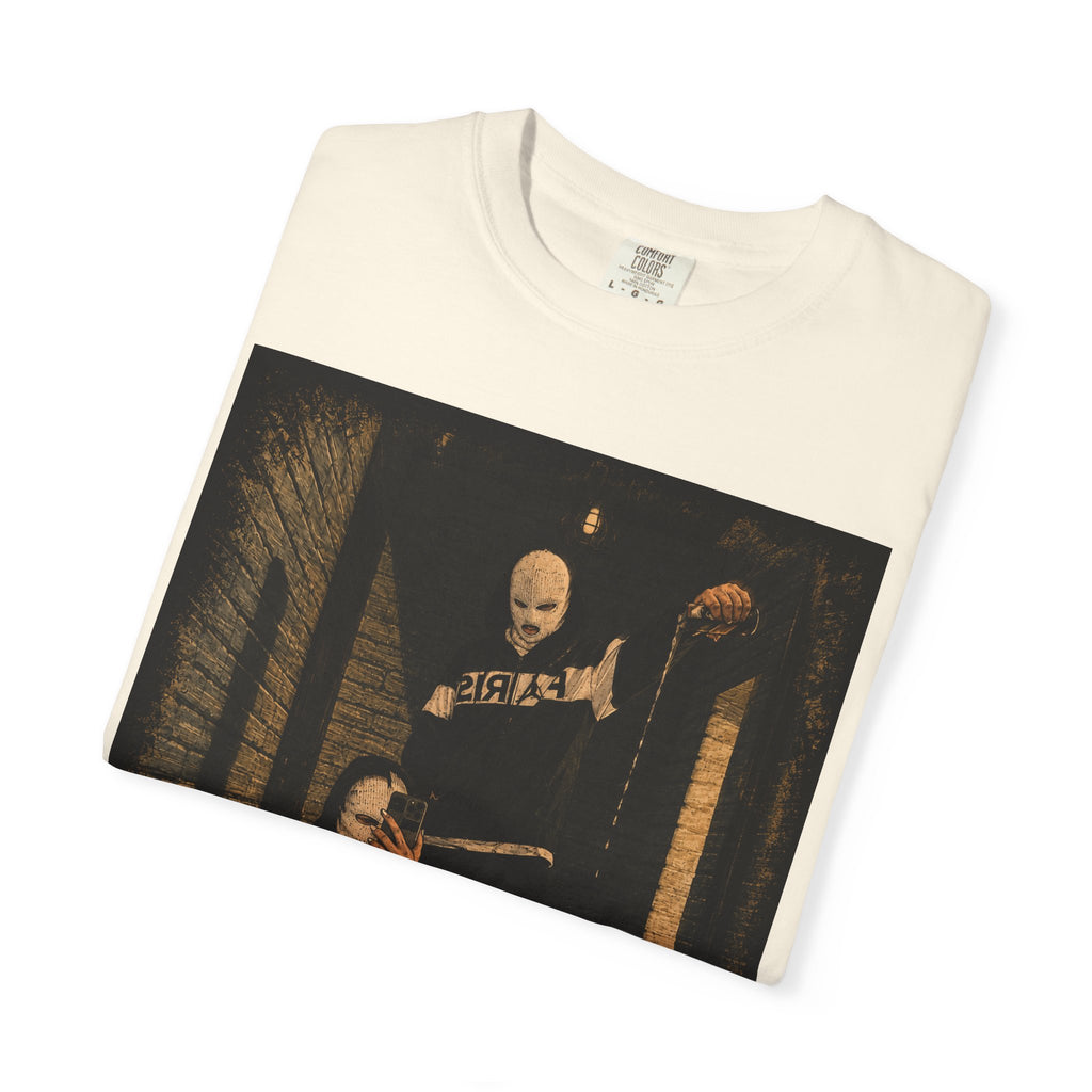 Horror Movie Scene Graphic T-Shirt — Vintage Masked Killer Photo Tee