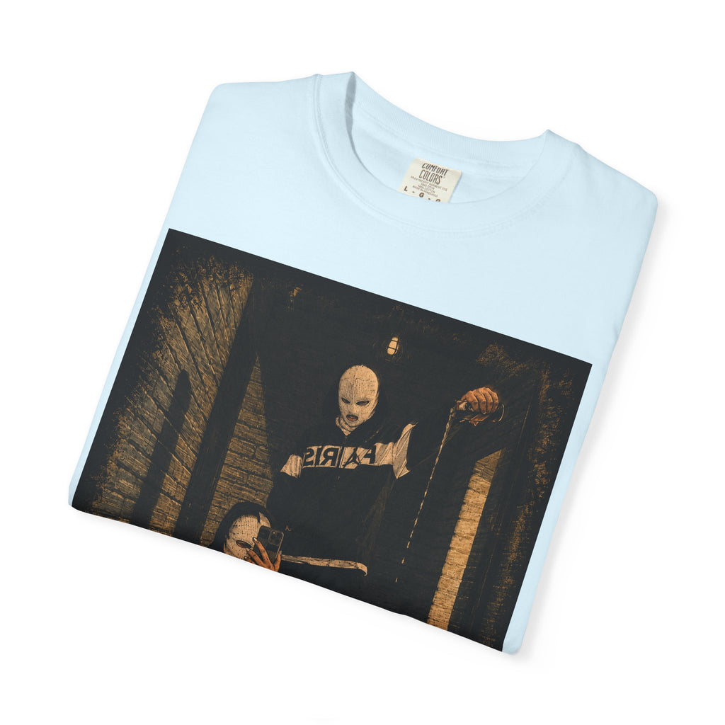 Horror Movie Scene Graphic T-Shirt — Vintage Masked Killer Photo Tee