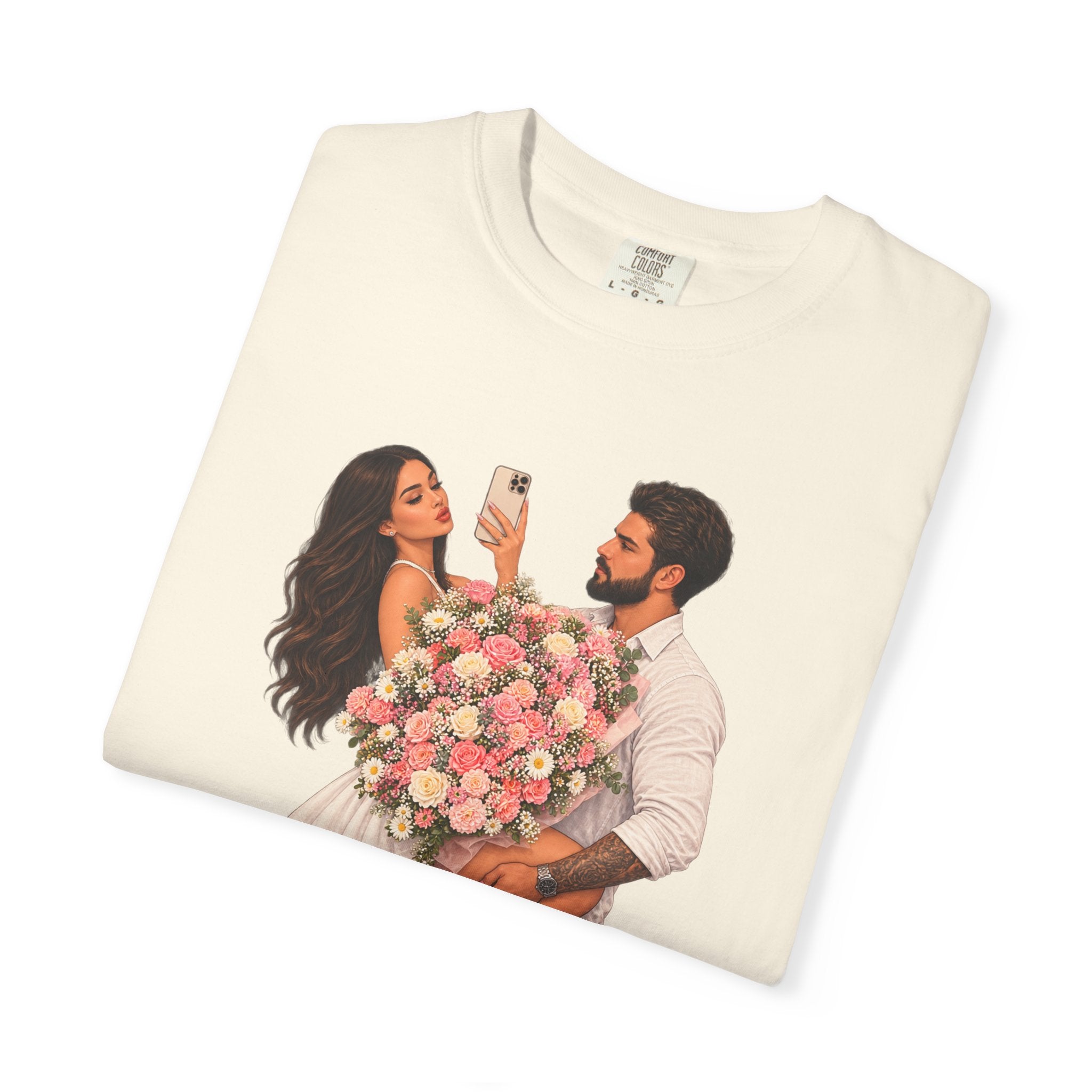 Couple Holding Bouquet Graphic T-Shirt — Romantic Date & Anniversary Tee