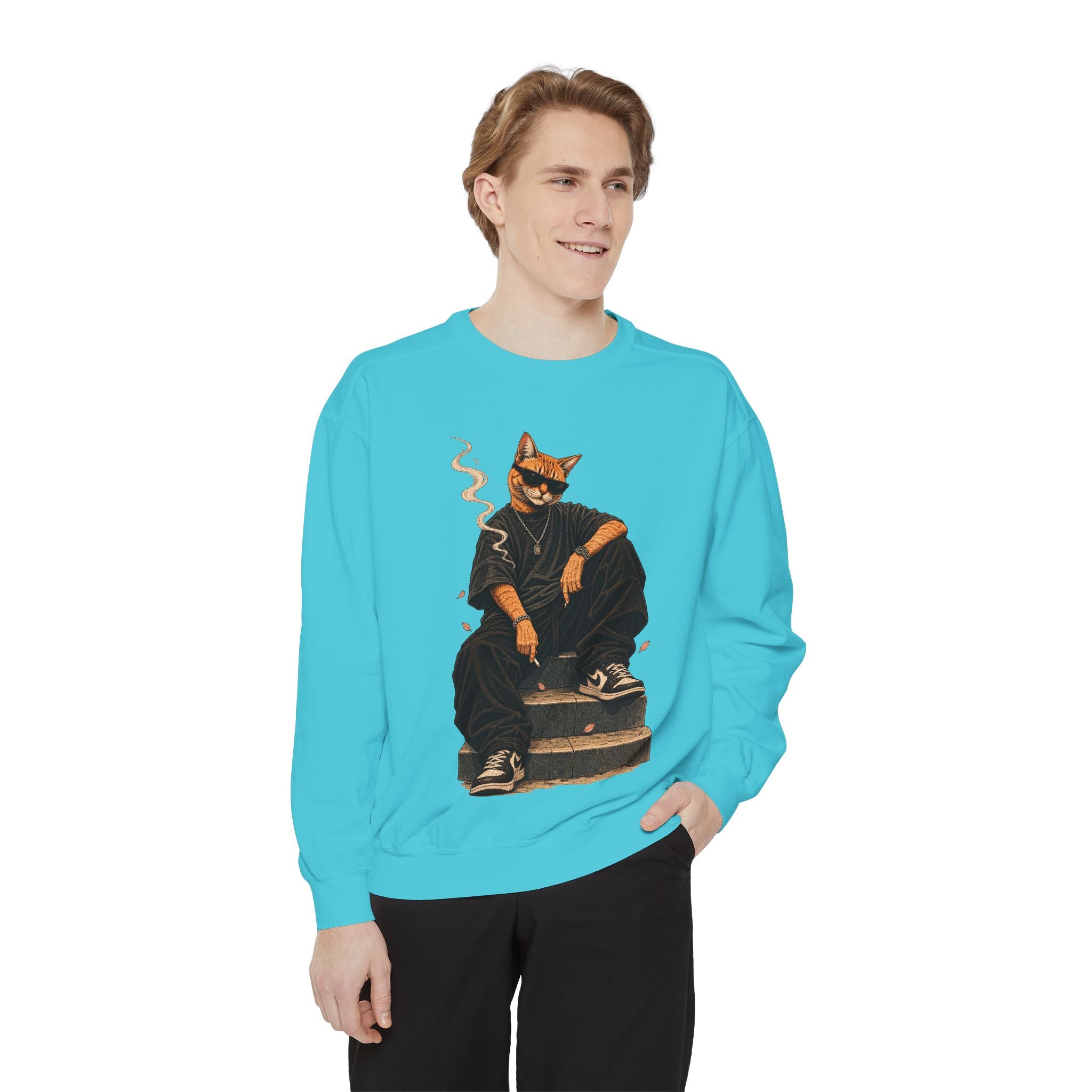 Cat Gangster Sweatshirt — Retro Cool Cat Sitting, Smoky Streetwear Crewneck
