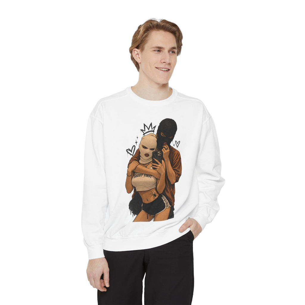 Couple Selfie Graphic Sweatshirt — Masked Lovers Illustration