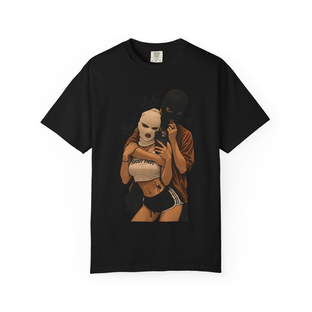 Masked Couple Graphic T-Shirt — Urban Streetwear Tee with Crown & Hearts Design