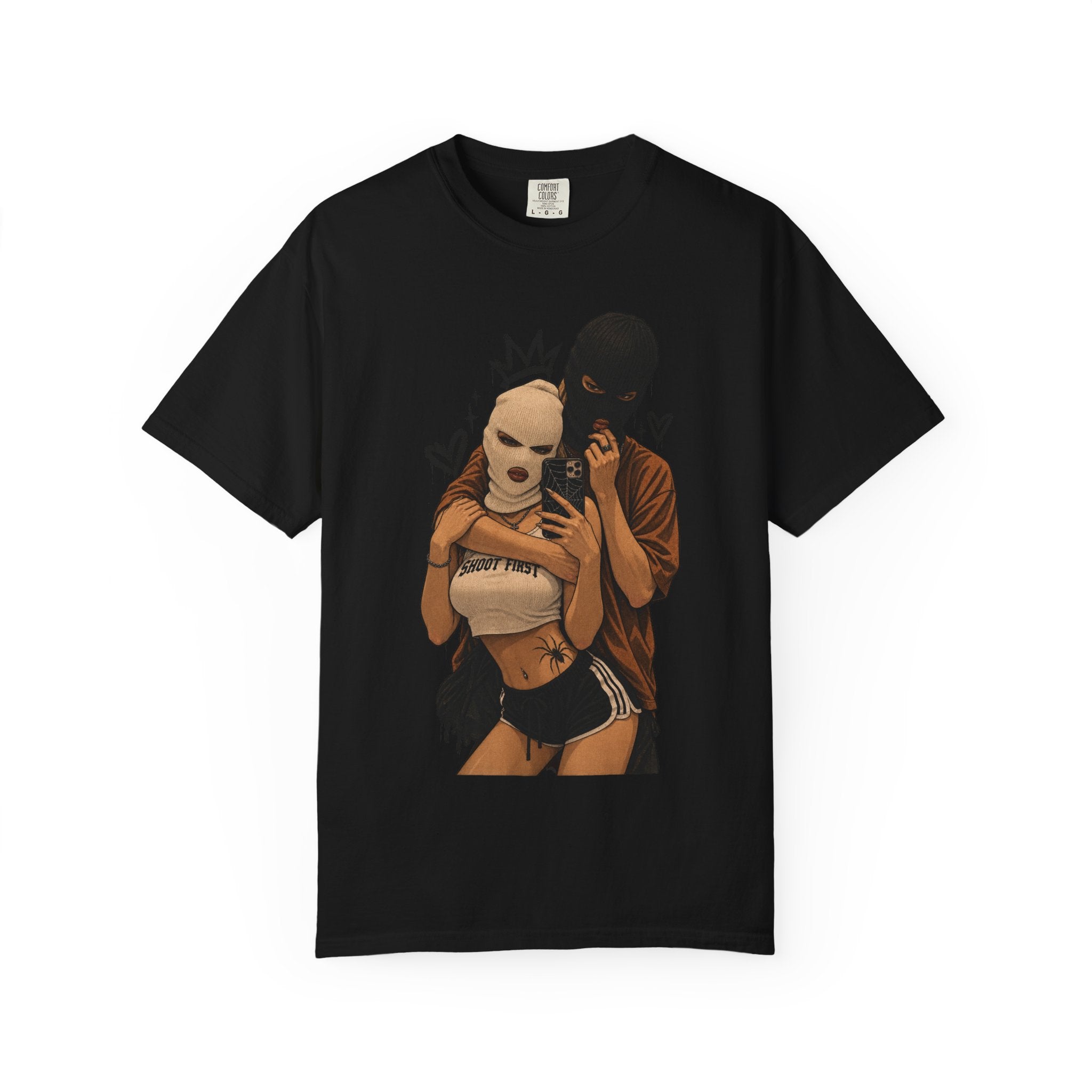 Masked Couple Graphic T-Shirt — Urban Streetwear Tee with Crown & Hearts Design