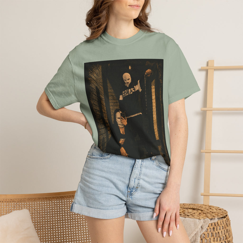 Horror Movie Scene Graphic T-Shirt — Vintage Masked Killer Photo Tee
