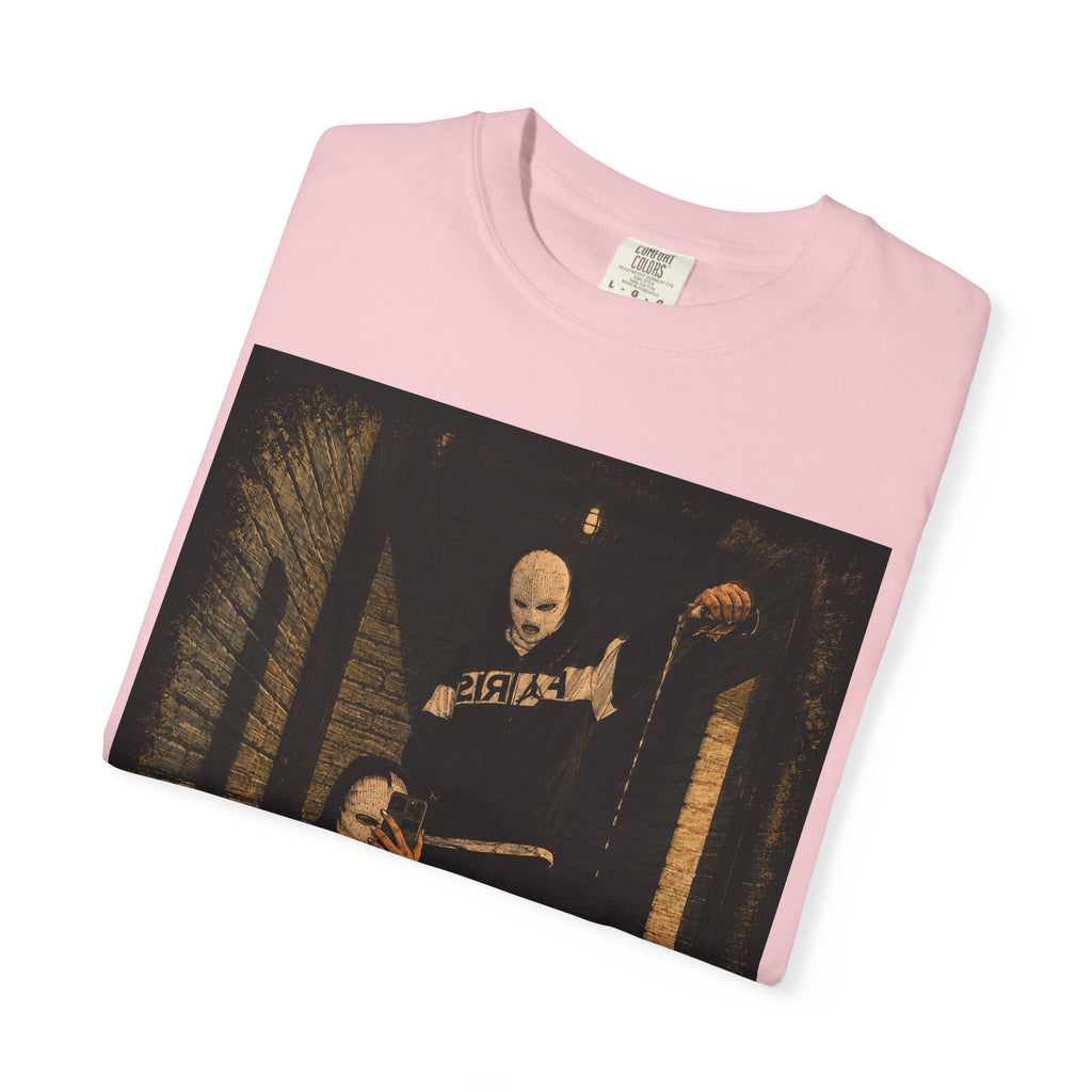 Horror Movie Scene Graphic T-Shirt — Vintage Masked Killer Photo Tee