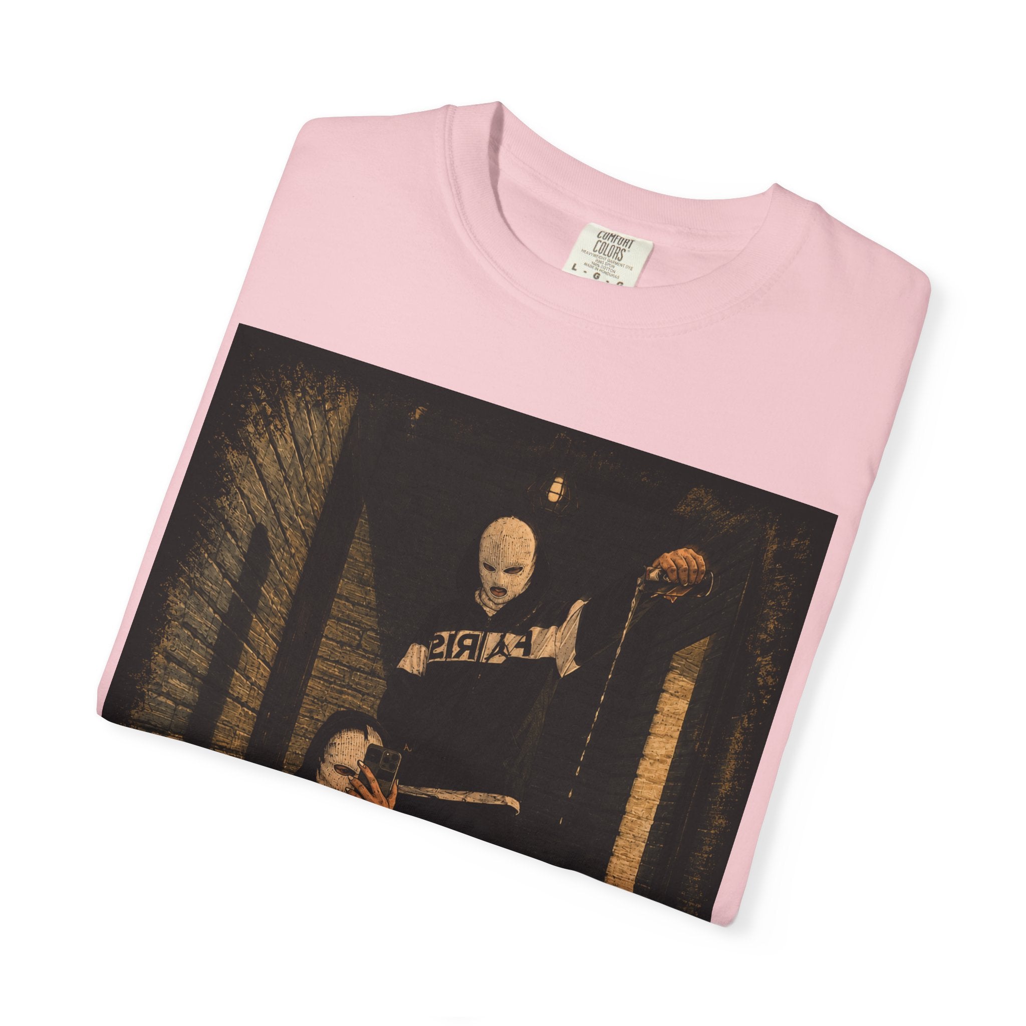 Horror Movie Scene Graphic T-Shirt — Vintage Masked Killer Photo Tee