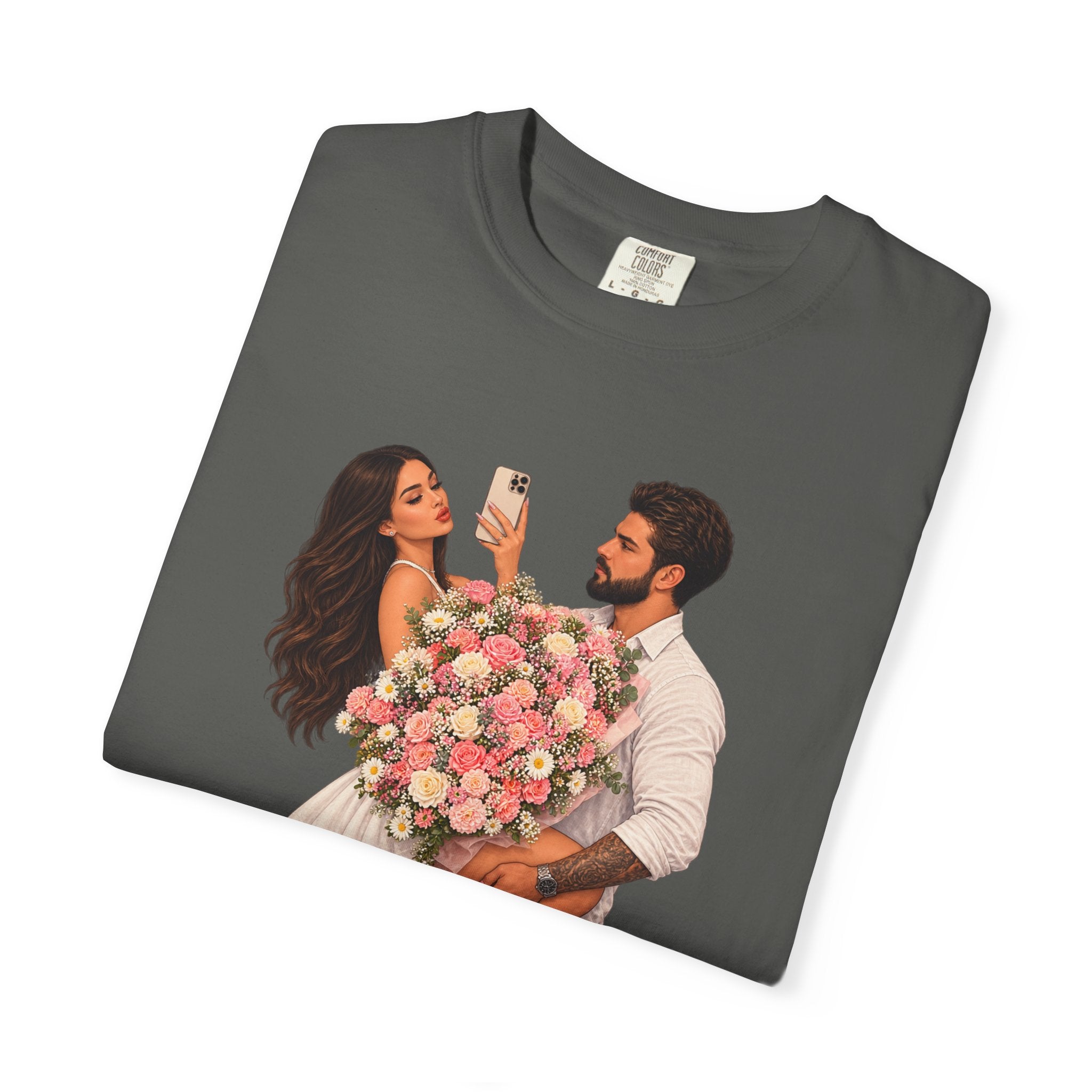 Couple Holding Bouquet Graphic T-Shirt — Romantic Date & Anniversary Tee