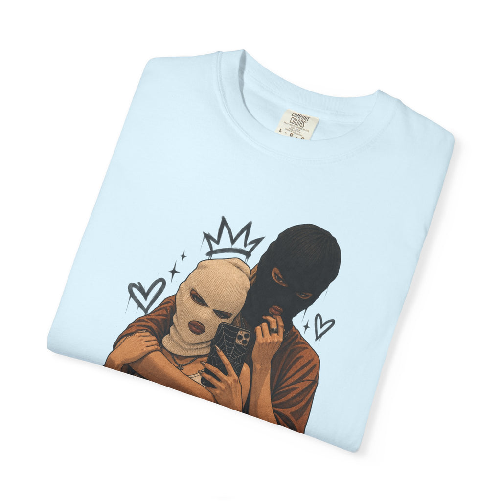 Masked Couple Graphic T-Shirt — Urban Streetwear Tee with Crown & Hearts Design
