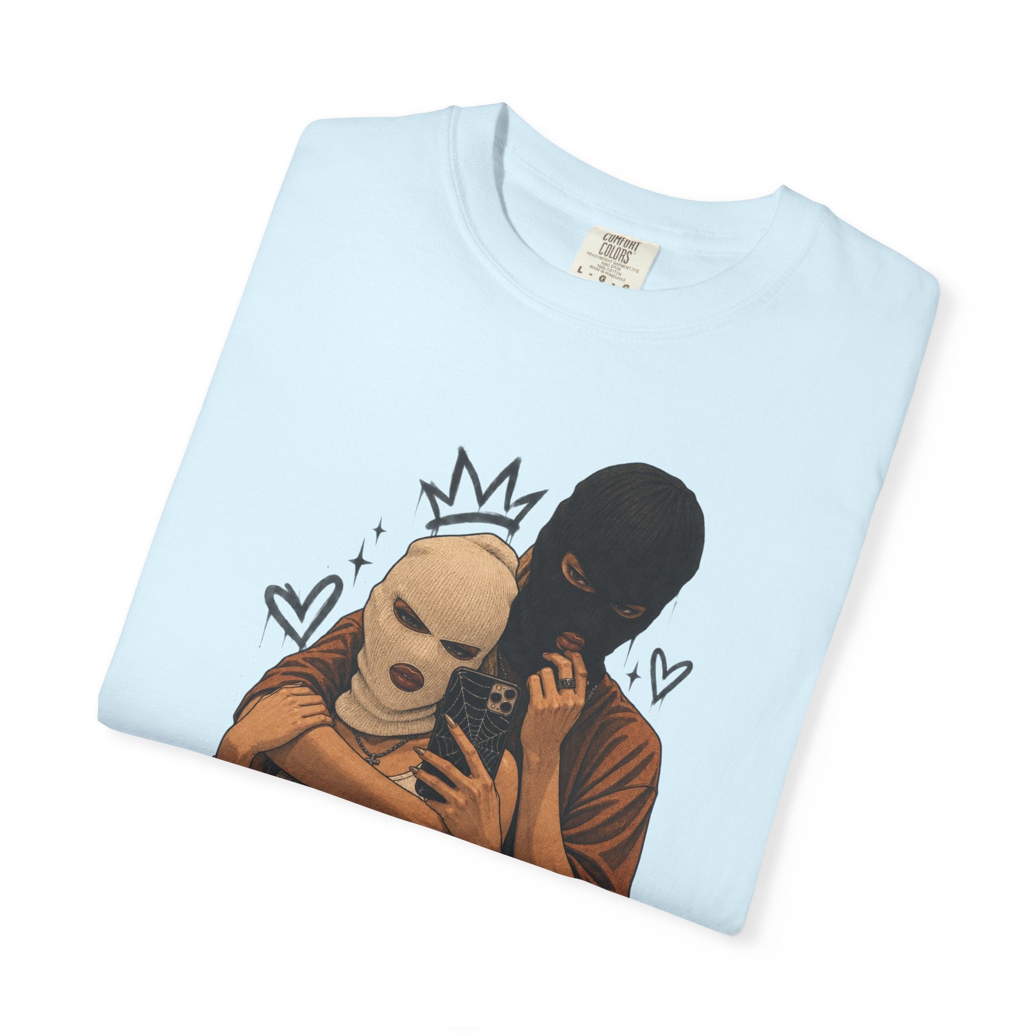Masked Couple Graphic T-Shirt — Urban Streetwear Tee with Crown & Hearts Design