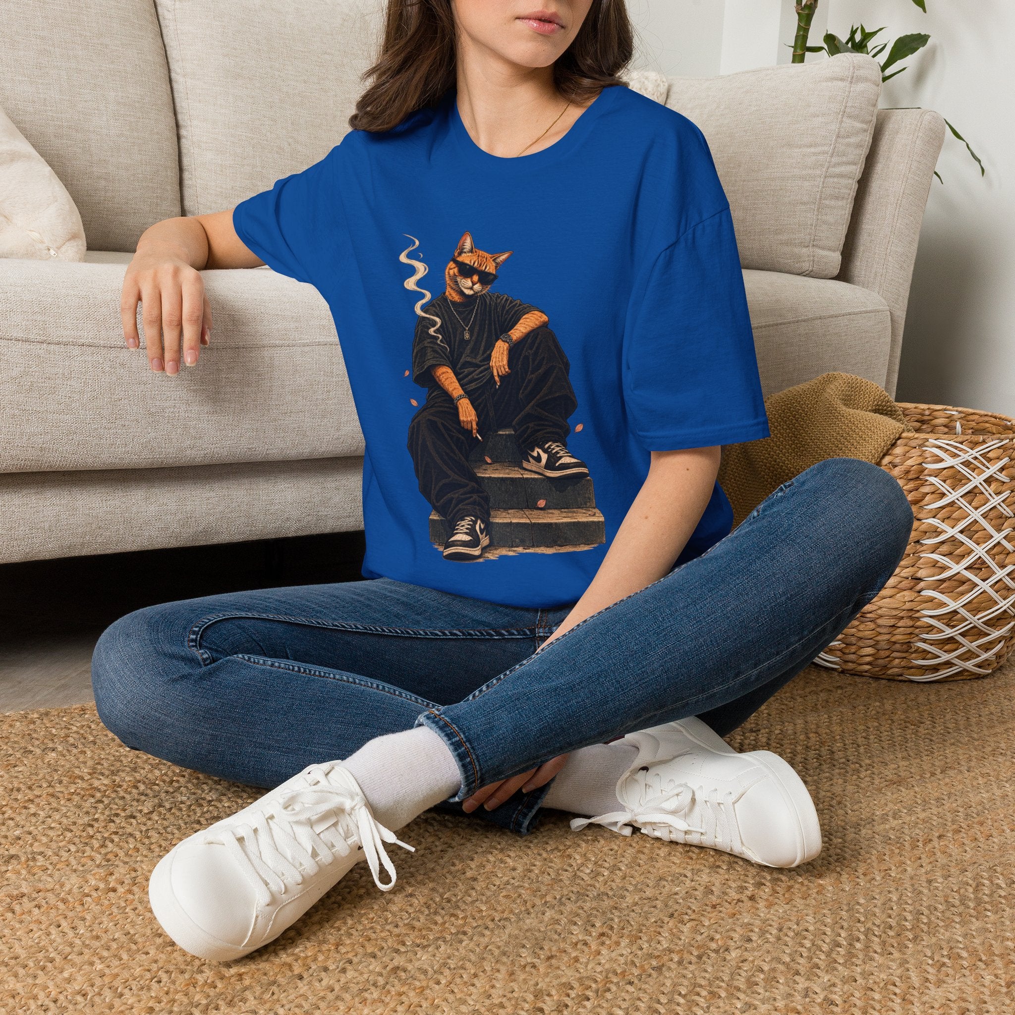 Cool Cat Skateboard T‑Shirt — Smoking Cat Graphic Tee for Skate Lovers