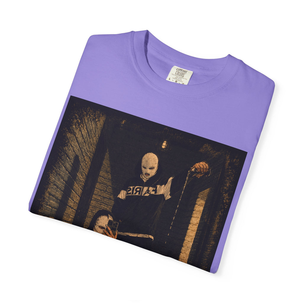 Horror Movie Scene Graphic T-Shirt — Vintage Masked Killer Photo Tee