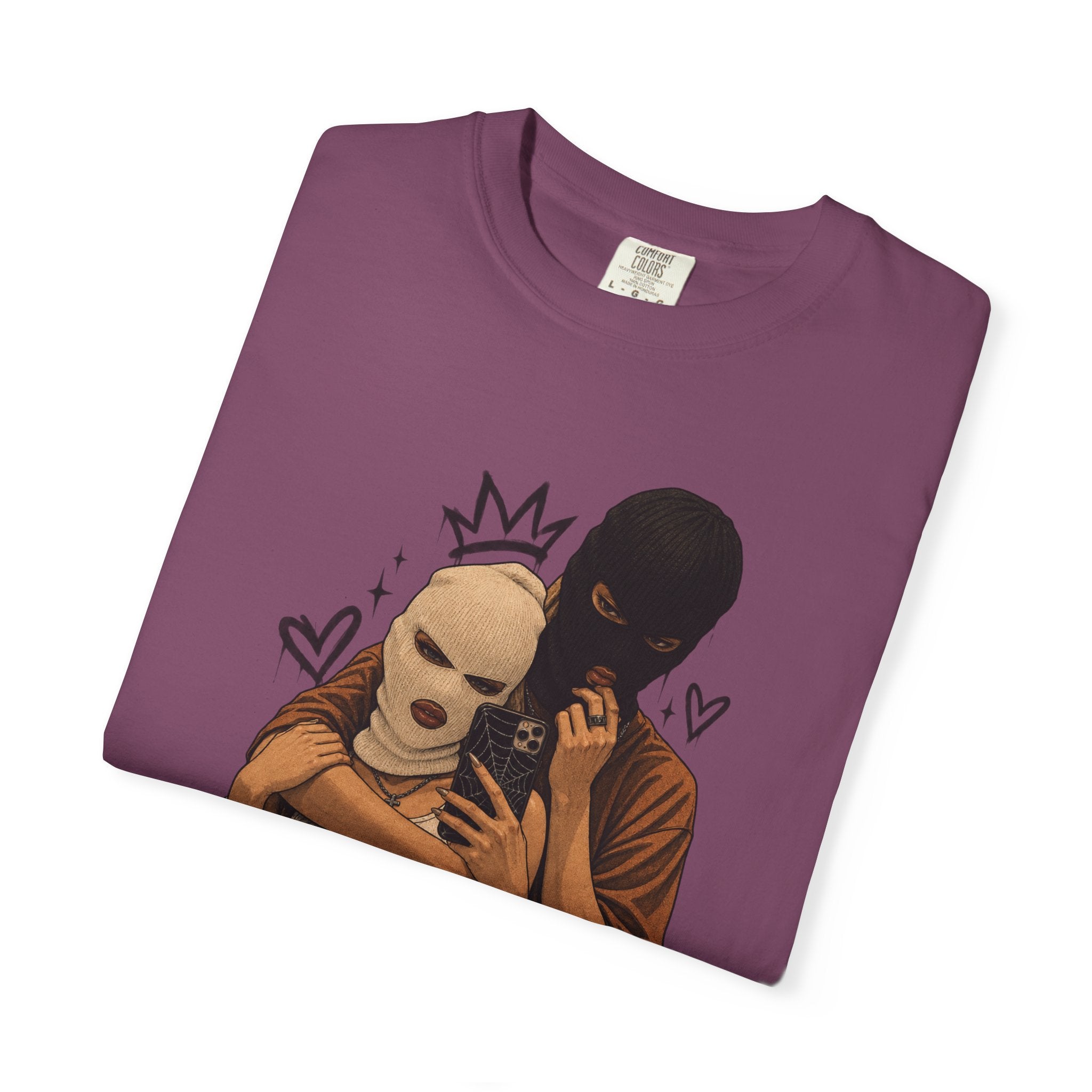 Masked Couple Graphic T-Shirt — Urban Streetwear Tee with Crown & Hearts Design