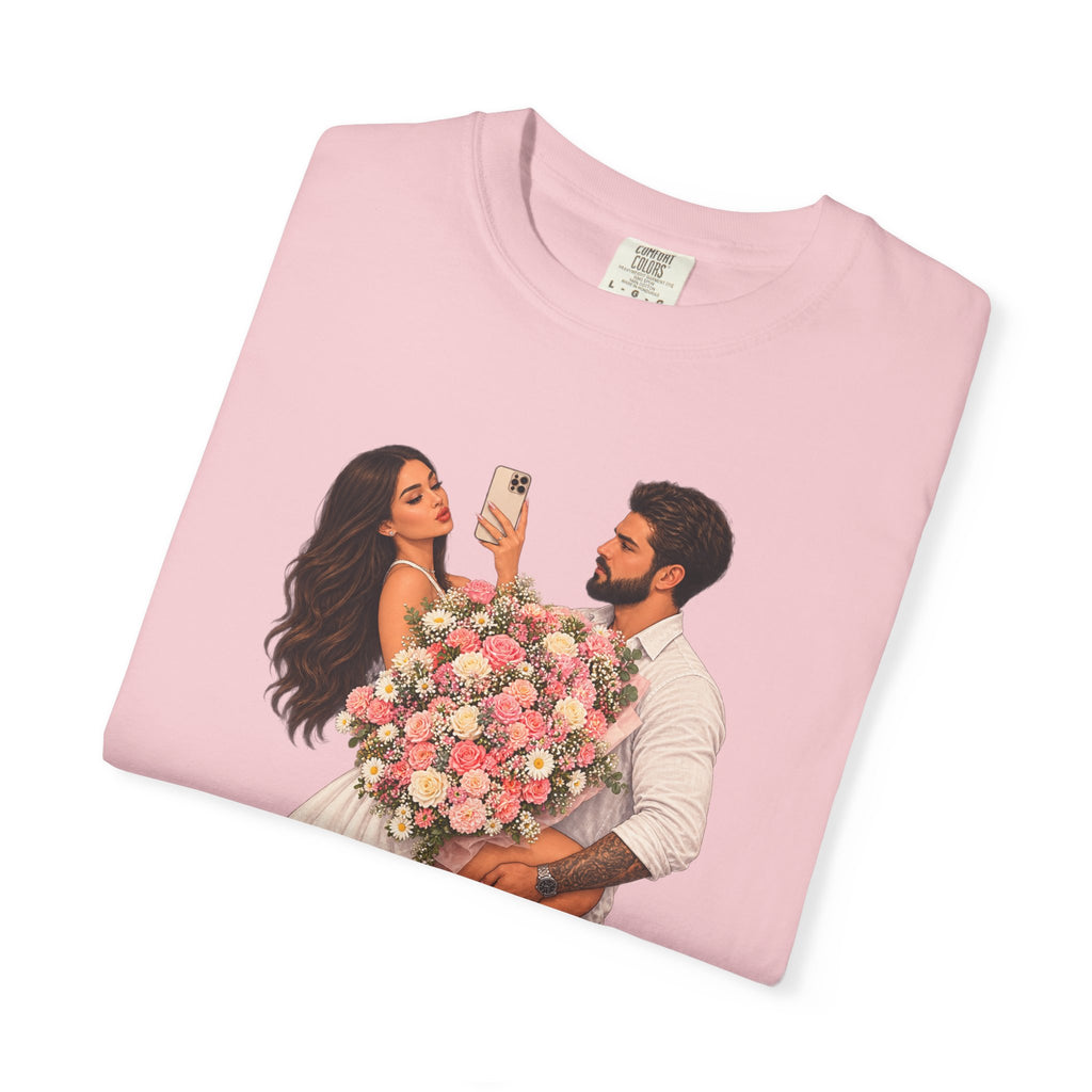 Couple Holding Bouquet Graphic T-Shirt — Romantic Date & Anniversary Tee