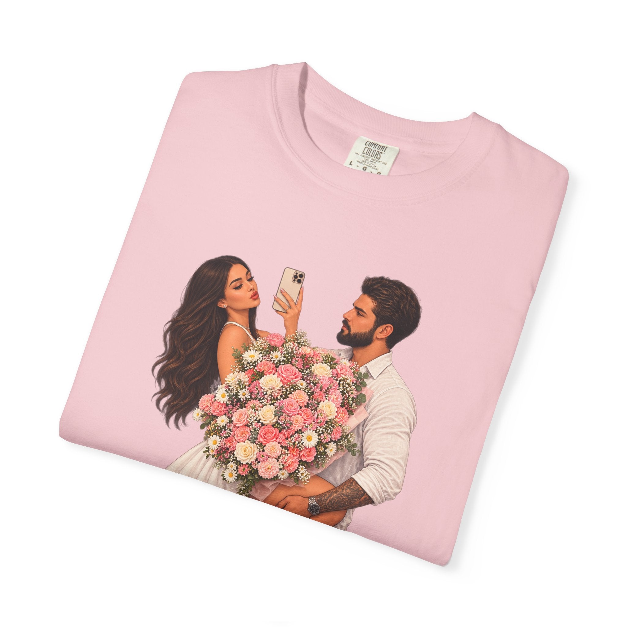 Couple Holding Bouquet Graphic T-Shirt — Romantic Date & Anniversary Tee